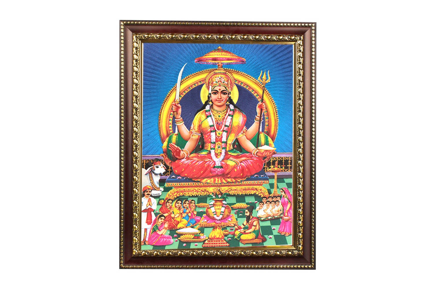 Santoshi Maa, golden ornate frame, multi-armed Hindu goddess, HD Desktop Wallpaper