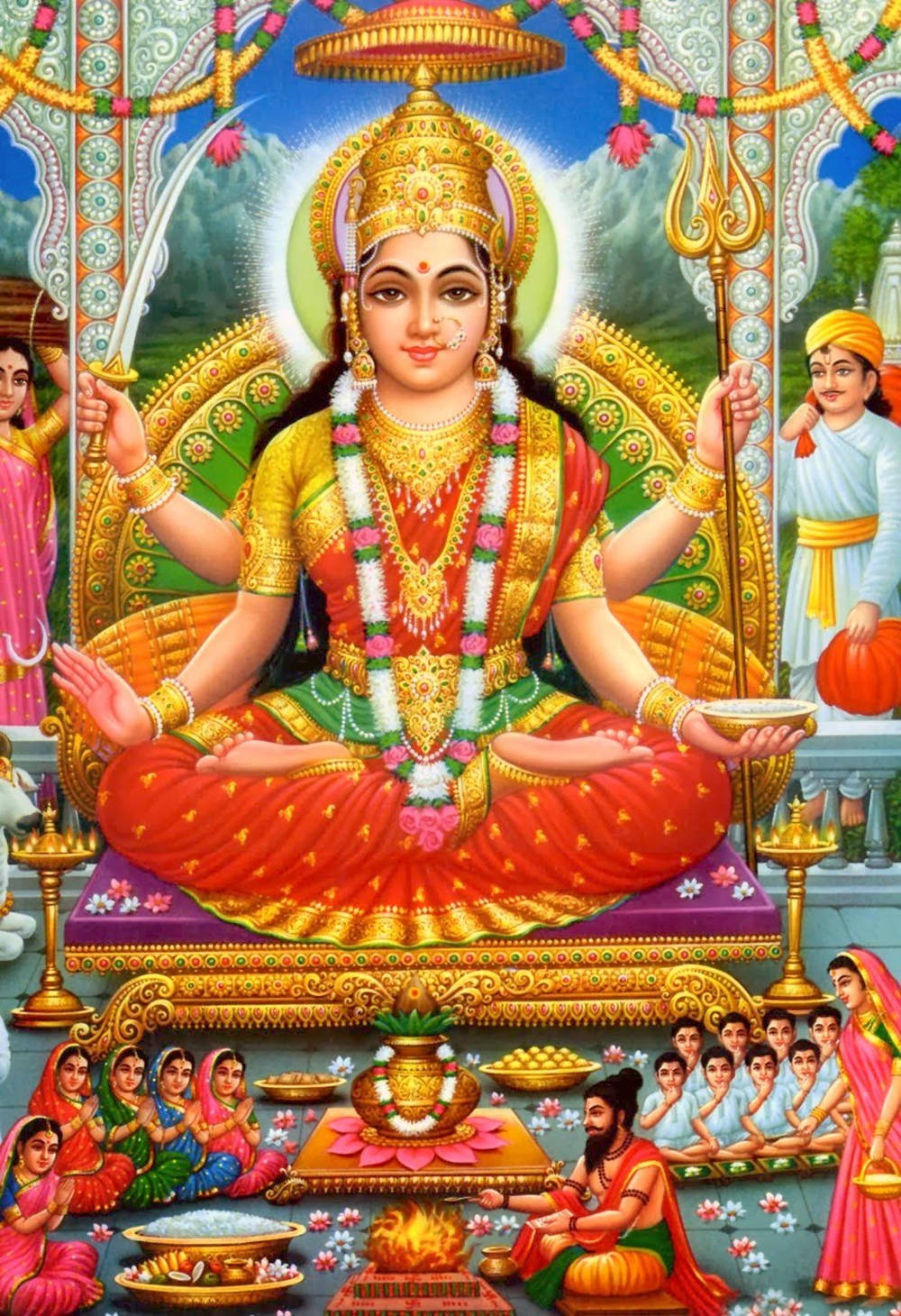 Santoshi Maa, four arms, golden throne, HD Phone Wallpaper