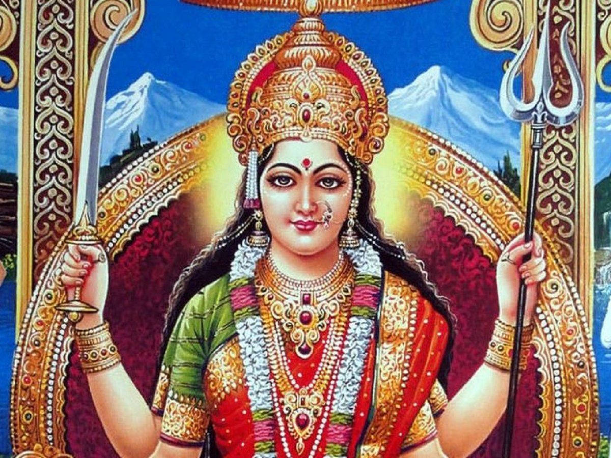 Santoshi Maa, gold jewelry, colorful garments, SD Desktop Wallpaper