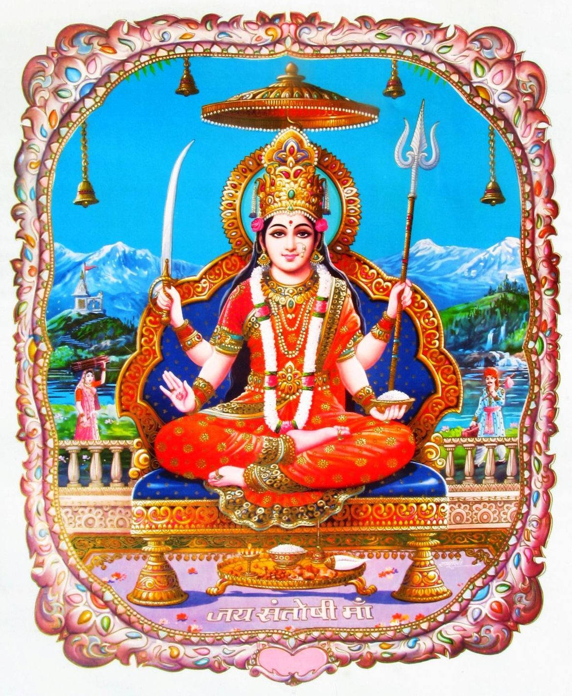 Santoshi Maa, red and gold attire, throne, HD Phone Wallpaper
