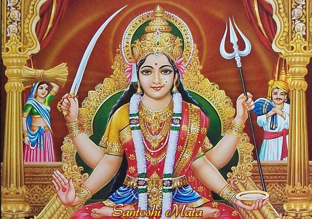 Santoshi Maa, red and gold jewelry, sword, SD Desktop Wallpaper