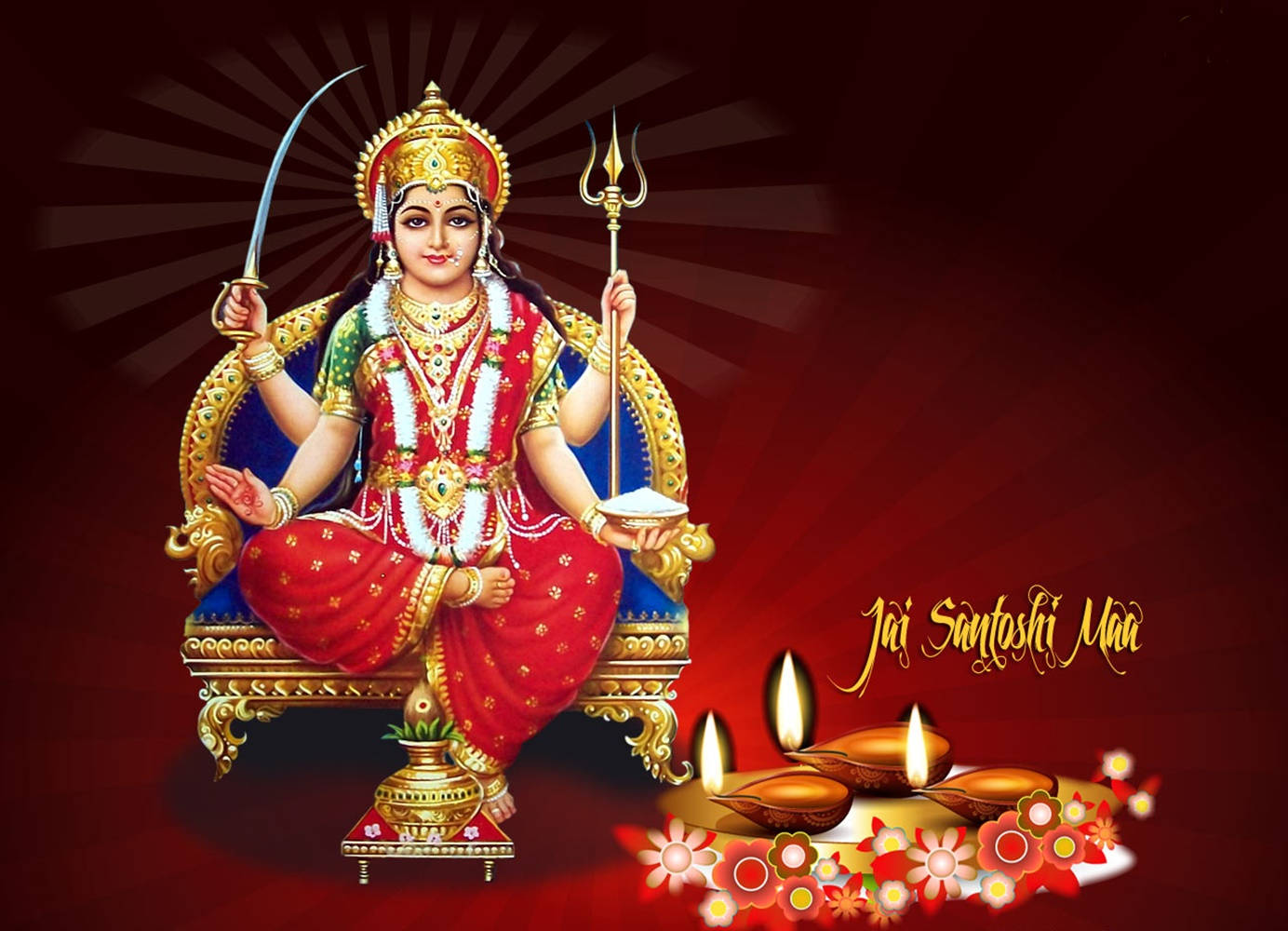 Santoshi Maa, golden throne, sword, HD Desktop Wallpaper