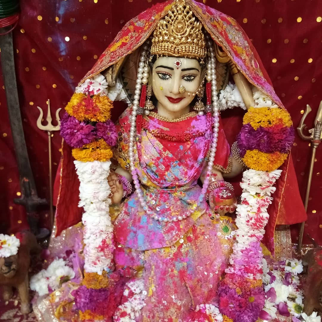 Santoshi Maa, golden crown, pink and gold, SD Desktop Wallpaper