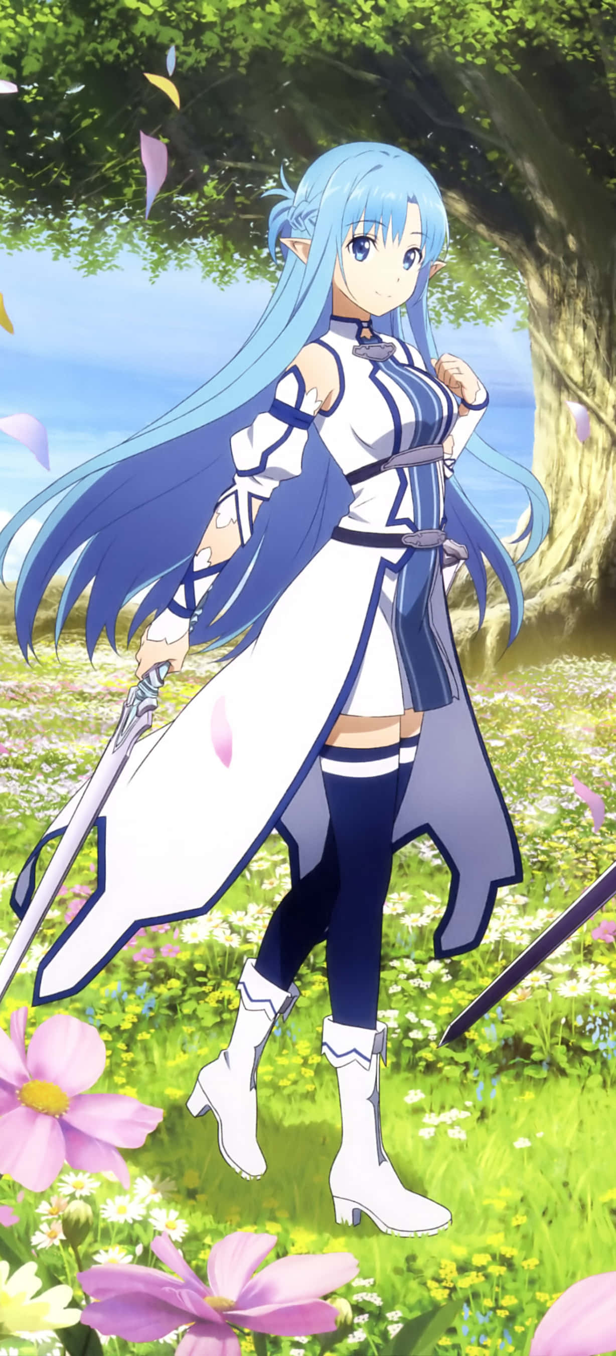 Sao Phone, blue-haired anime girl, white armor, 2K Phone Wallpaper