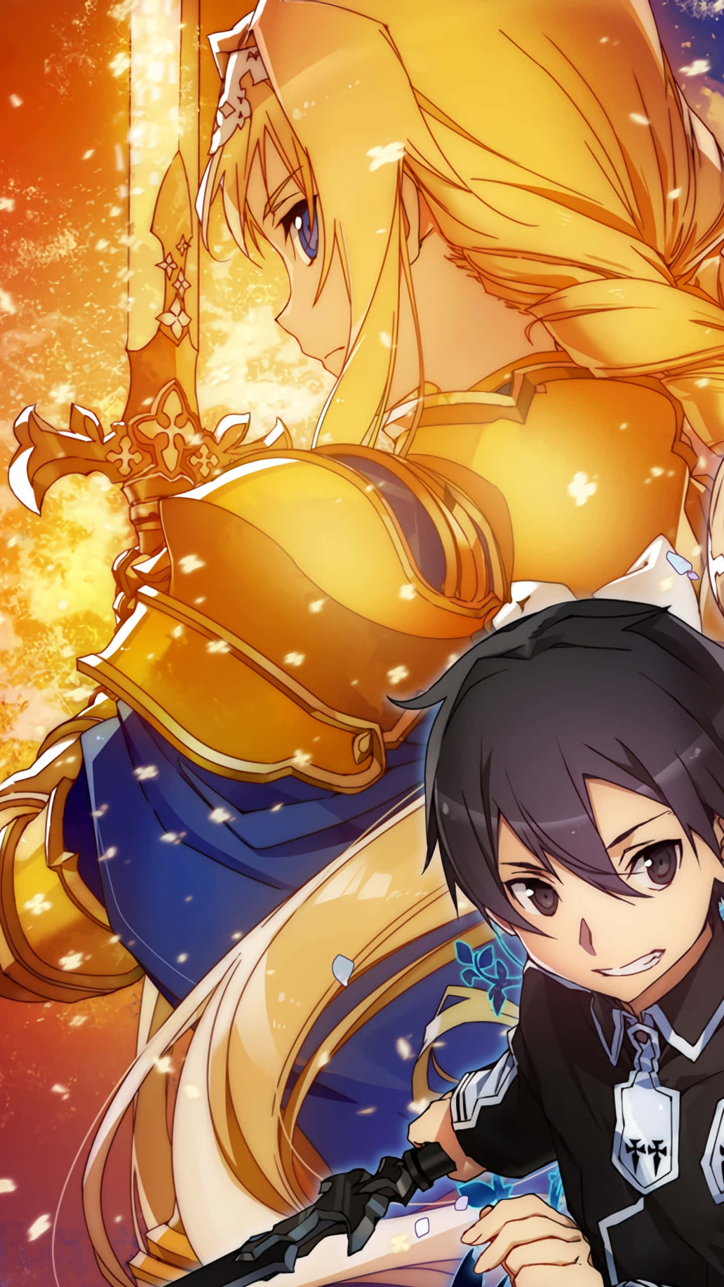 Sao Phone, golden armor, dark-haired swordsman, 2K Phone Wallpaper