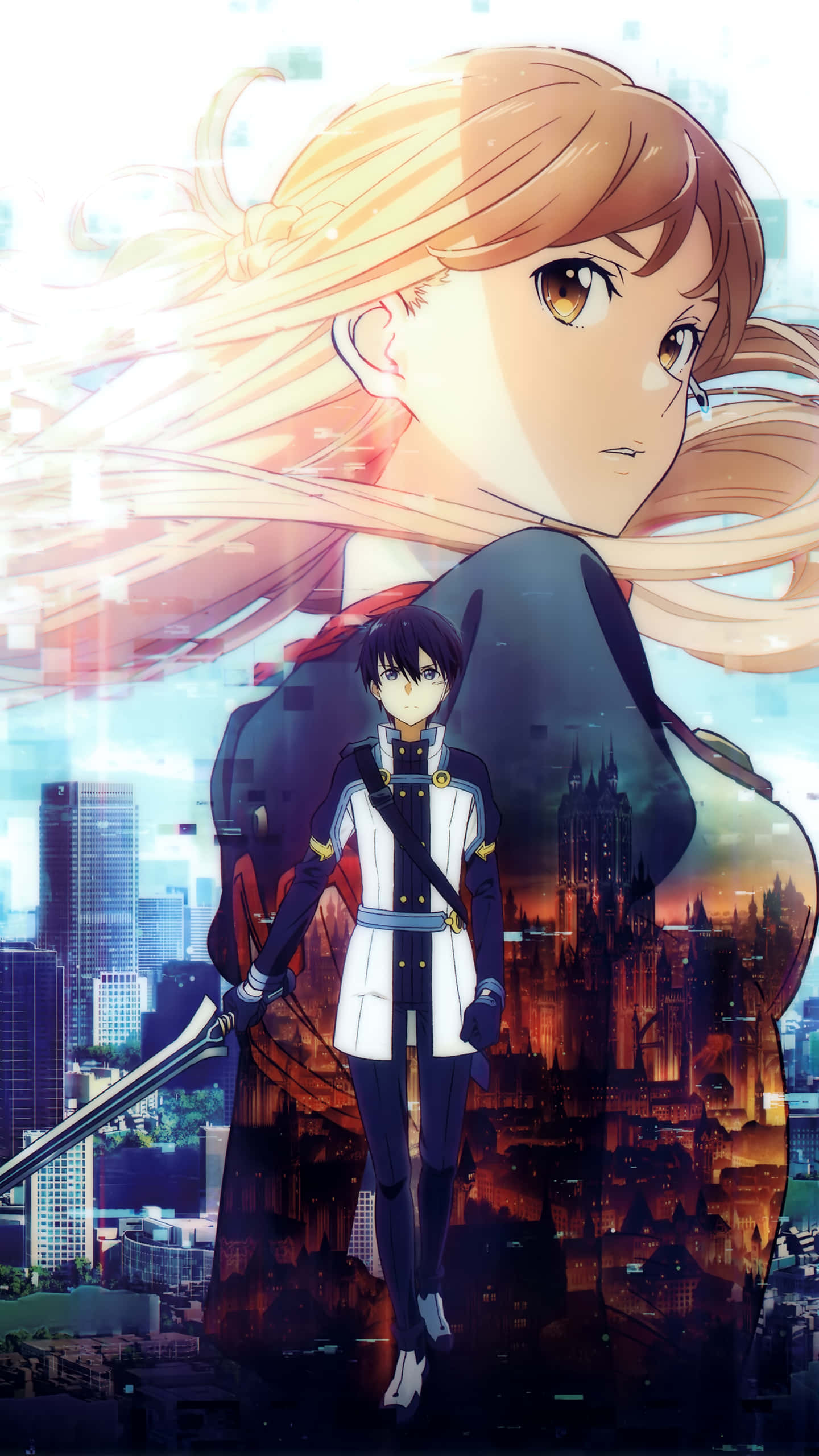Sao Phone, futuristic cityscape, young anime girl, 2K Phone Wallpaper