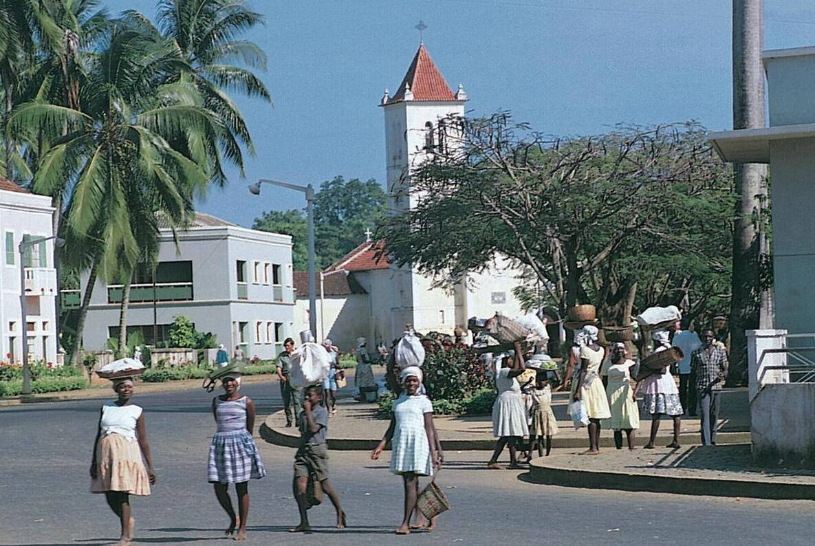 Sao Tome And Principe, church tower, women balancing baskets on heads, SD Desktop Wallpaper