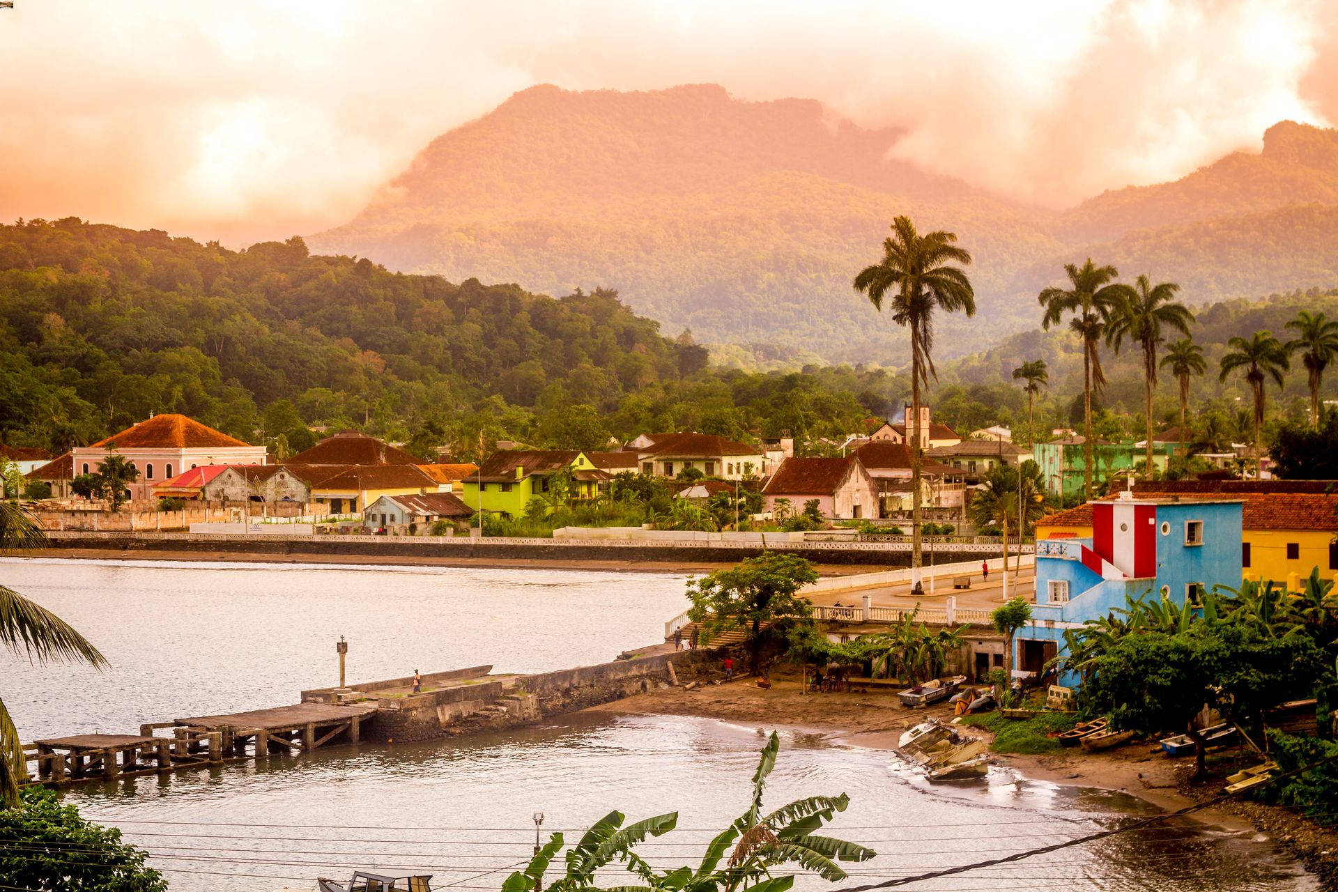 Sao Tome And Principe, orange sky, riverside village, Full HD Desktop Wallpaper