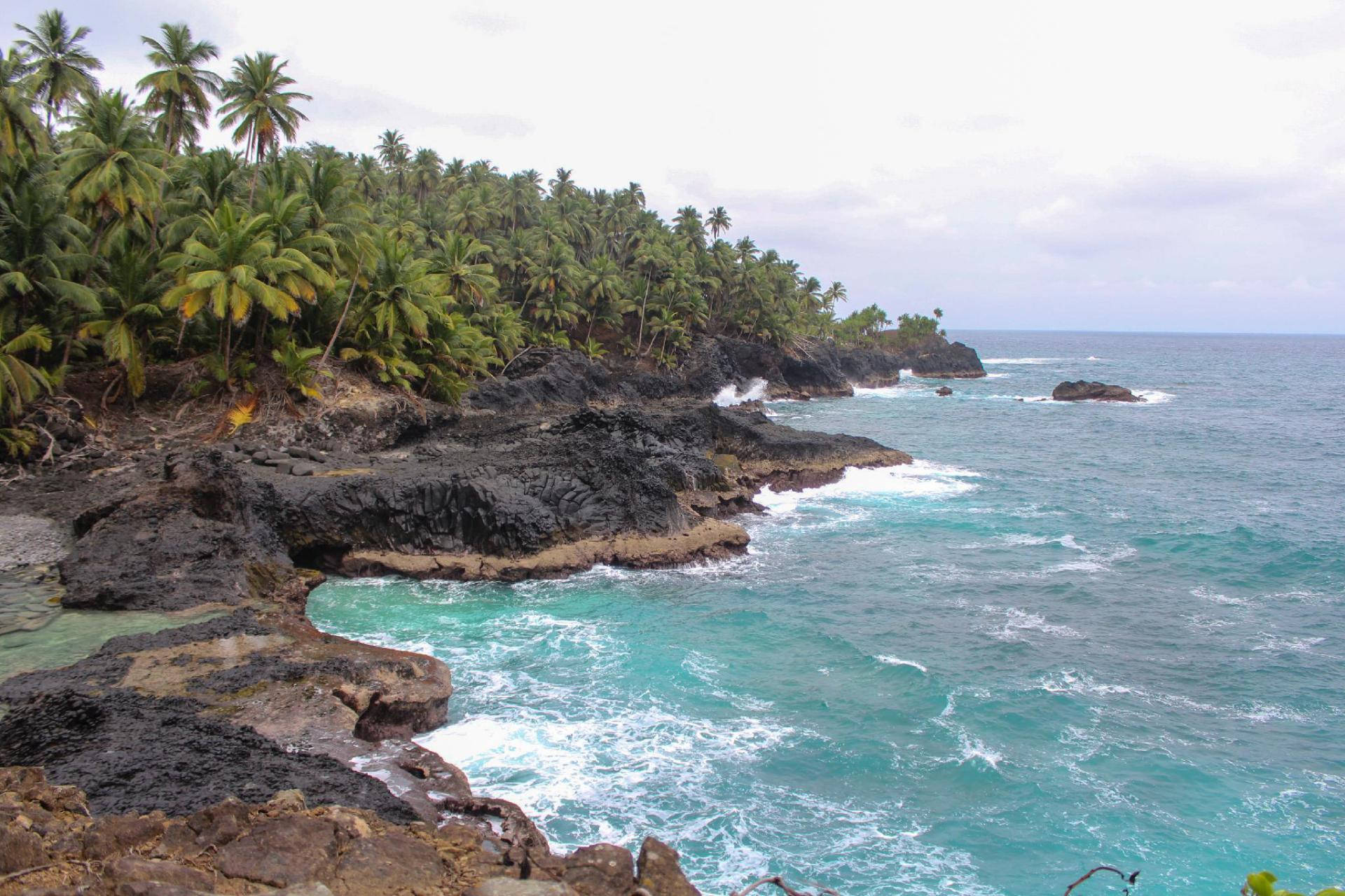 Sao Tome And Principe, turquoise waves, dark volcanic rocks, Full HD Desktop Wallpaper