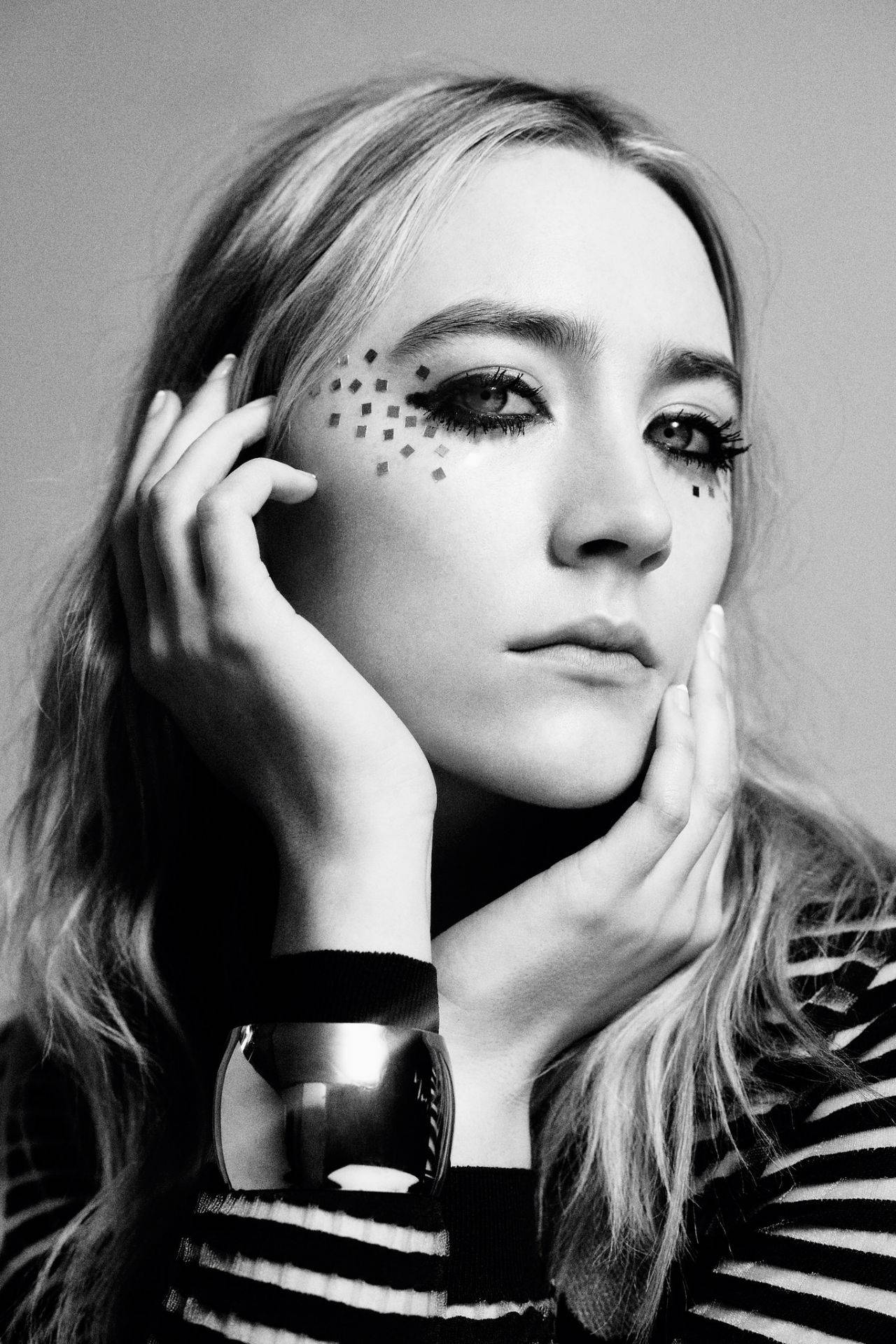 Saoirse Ronan, monochrome, geometric face paint, HD Phone Wallpaper