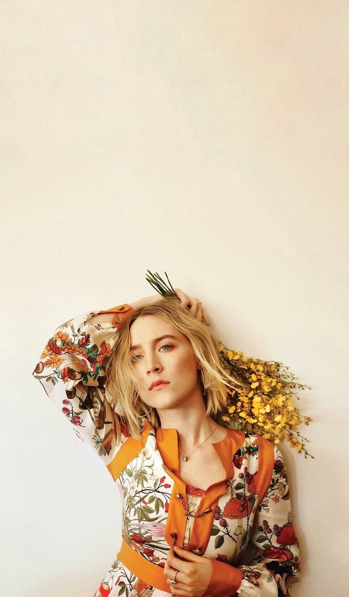 Saoirse Ronan, yellow flowers, floral dress, Full HD Phone Wallpaper