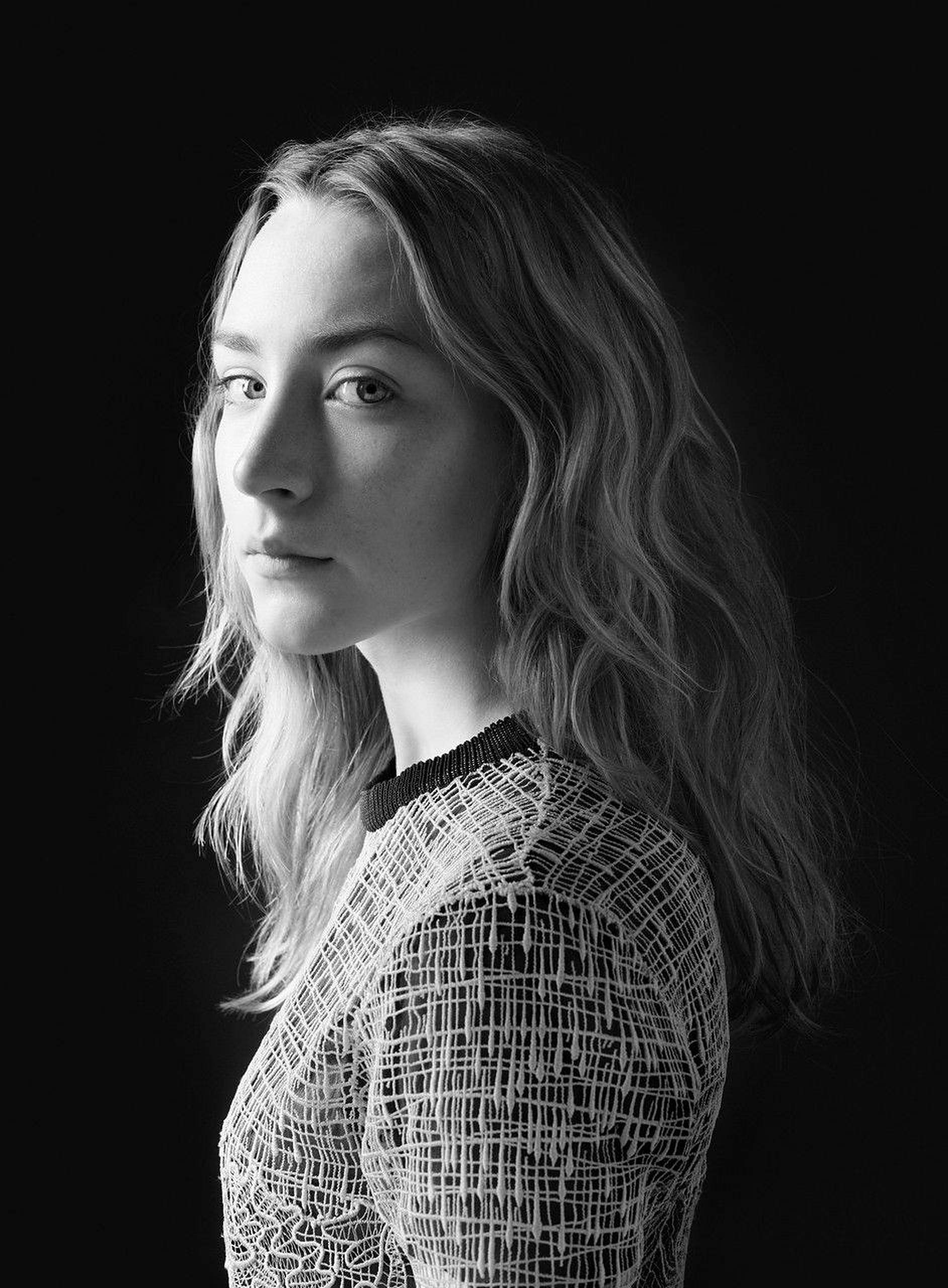 Saoirse Ronan, grayscale, wavy hair, 2K Phone Wallpaper