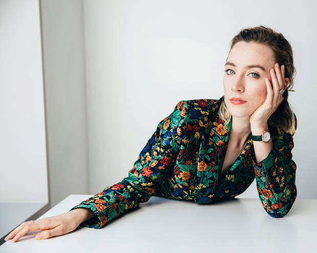 Saoirse Ronan, vibrant floral blazer, stark white background, SD Desktop Wallpaper