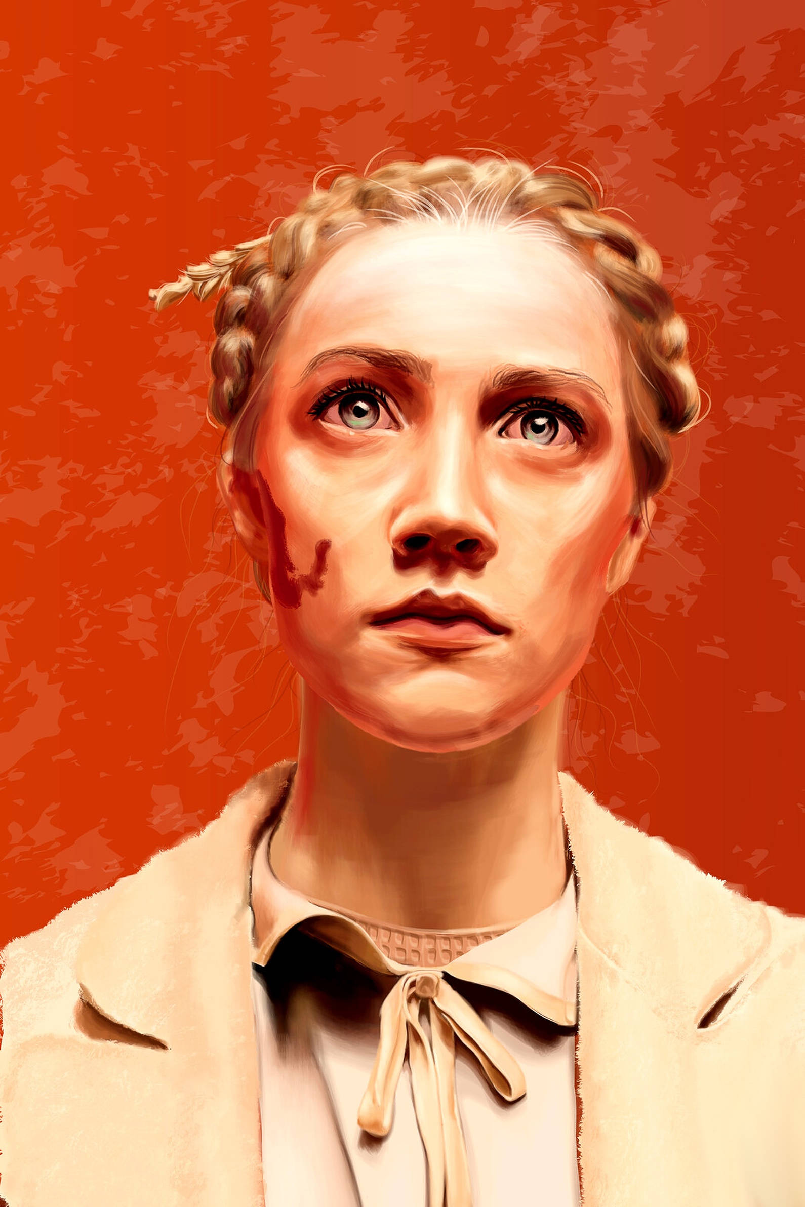 Saoirse Ronan, braided hair, bloodstain on her cheek, Full HD Phone Wallpaper