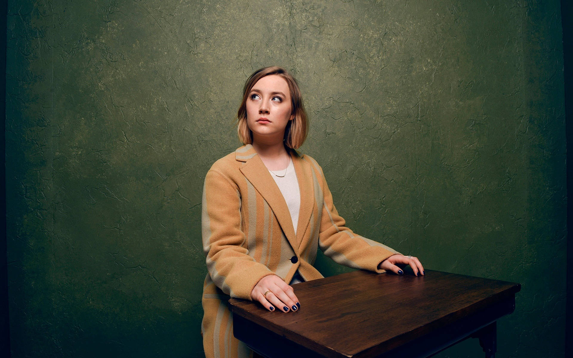 Saoirse Ronan, tan coat, wooden table, Full HD Desktop Wallpaper