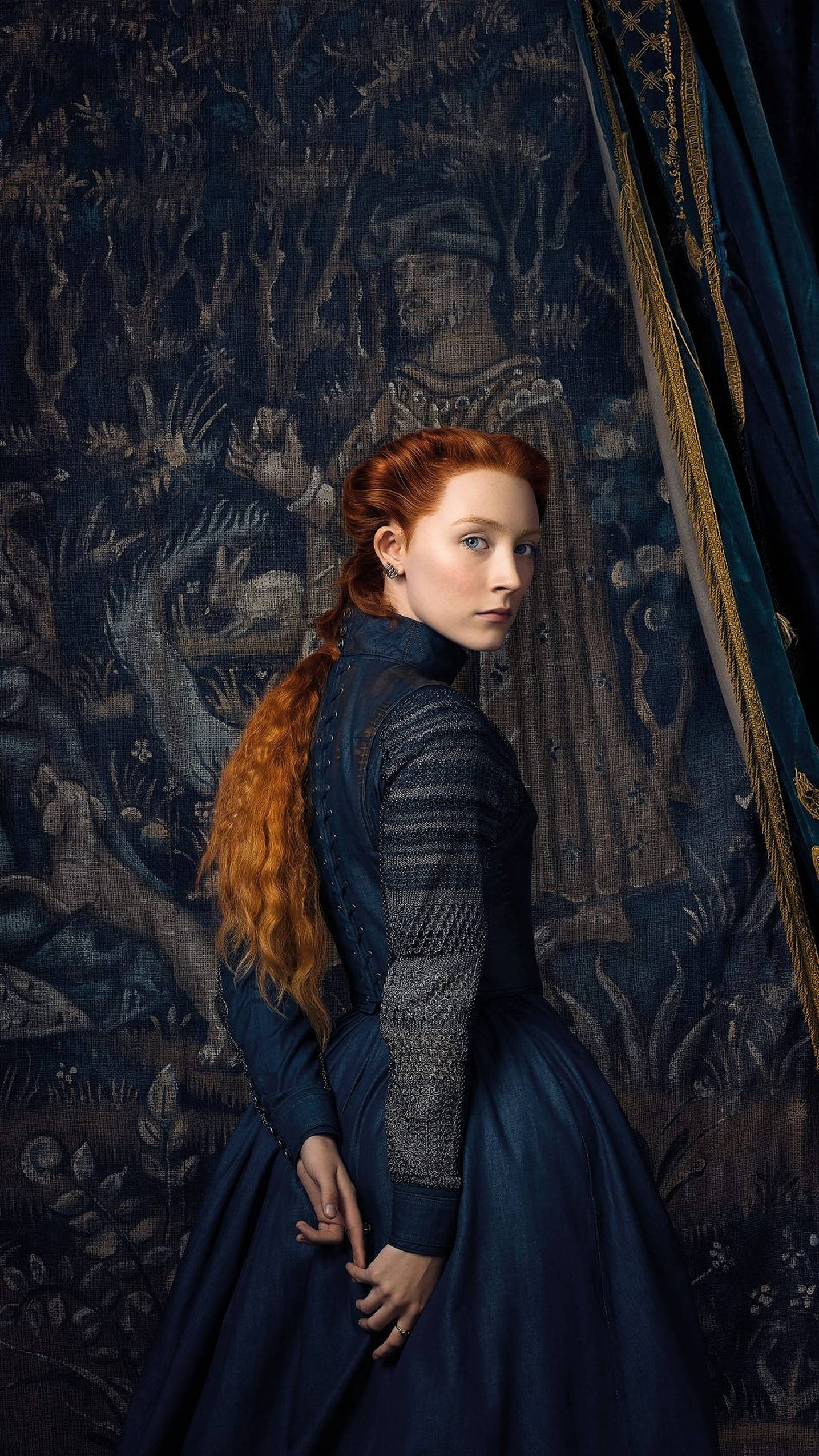 Saoirse Ronan, fiery red hair, blue gown, Full HD Phone Wallpaper