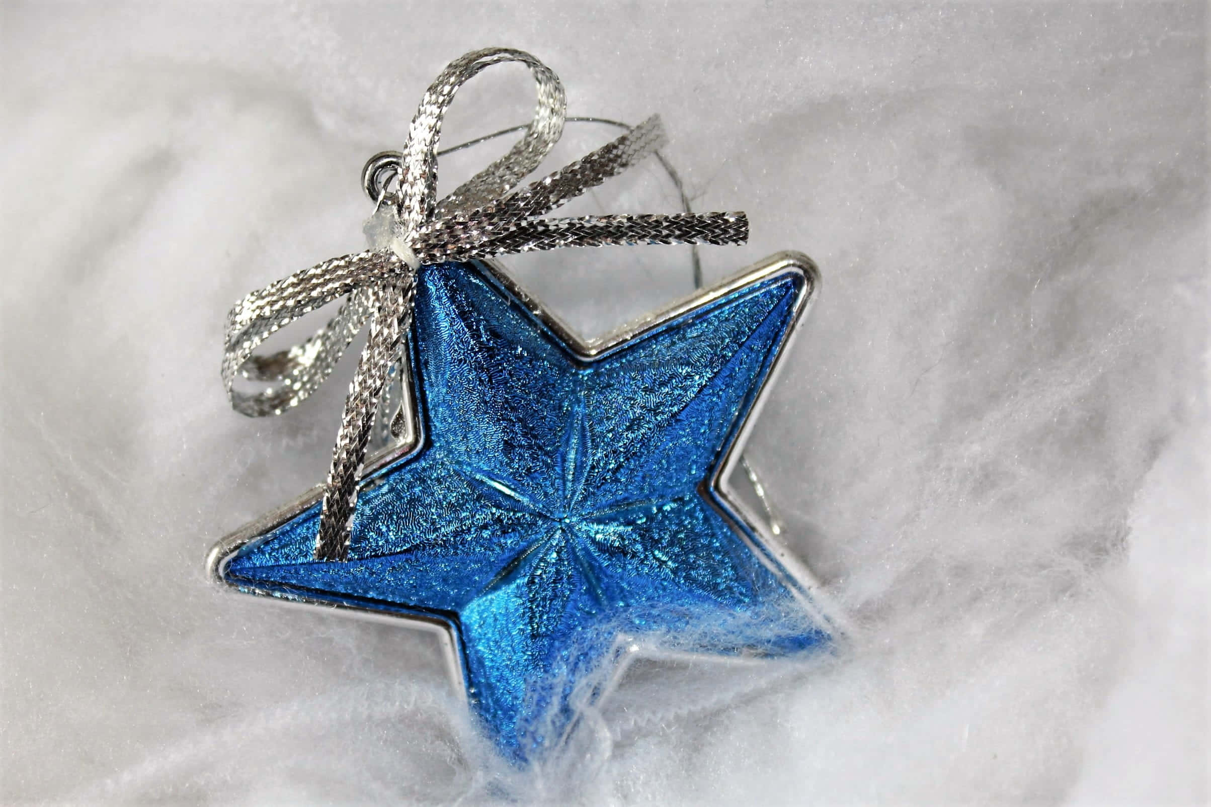 Sapphire Blue, glittering blue star ornament, silver ribbon, Full HD Desktop Wallpaper