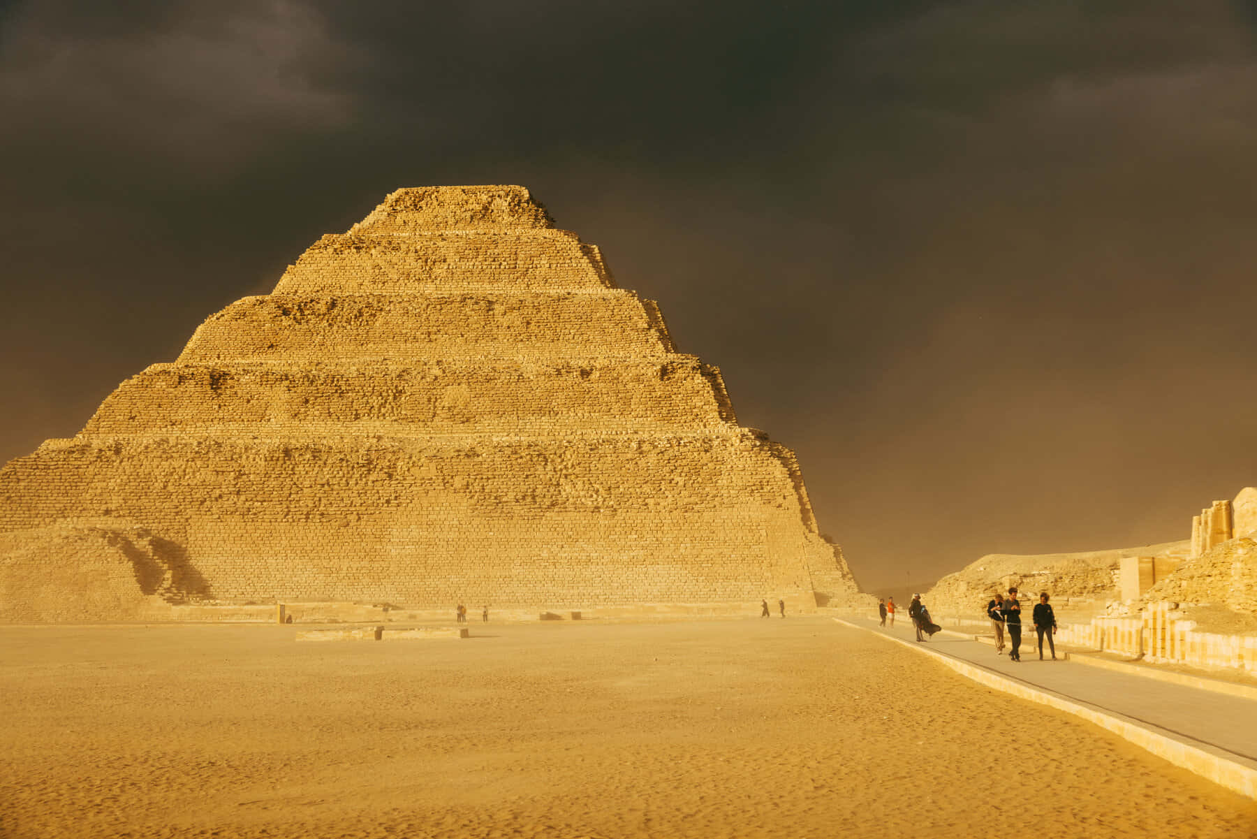 Saqqara Pyramid, rain clouds, golden light, HD Desktop Wallpaper