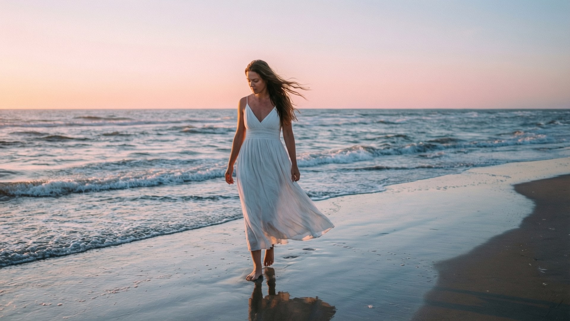 Sara Canning, sunrise, beach, Full HD Desktop Wallpaper