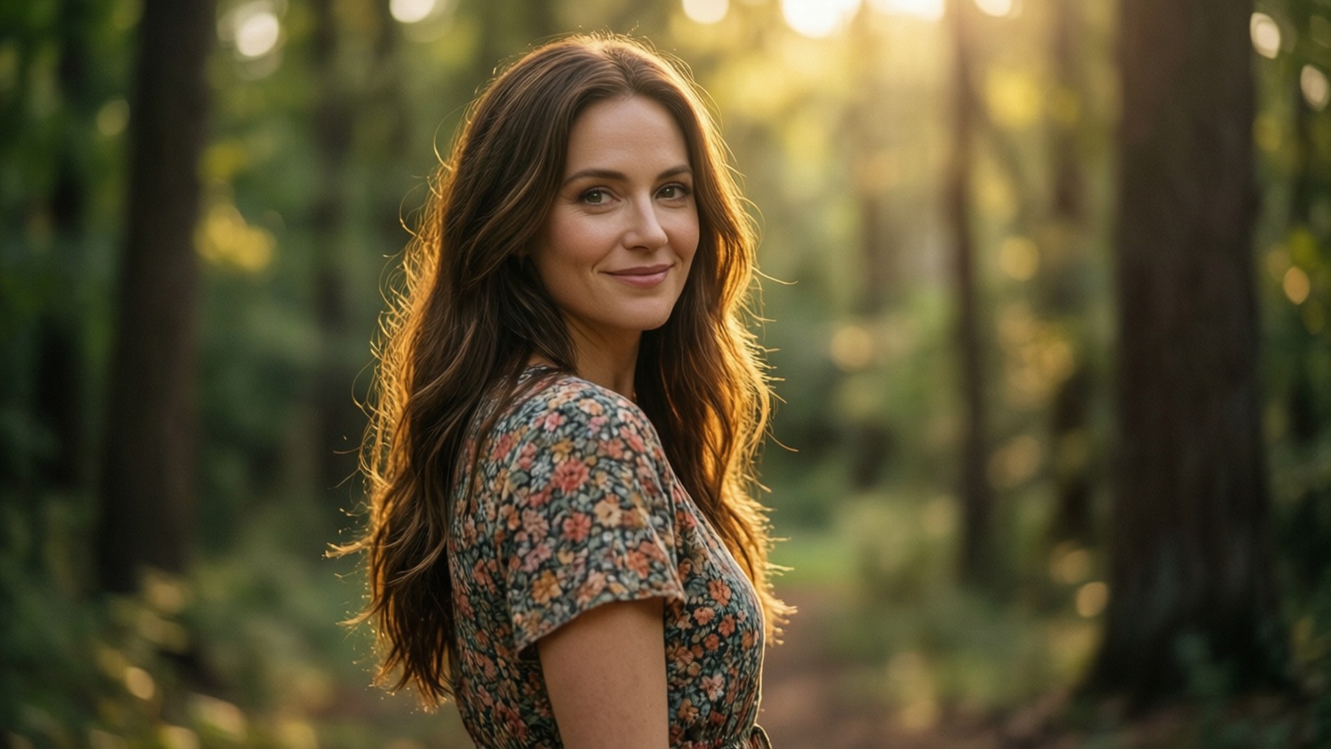 Sara Canning, golden hour, forest, Full HD Desktop Wallpaper
