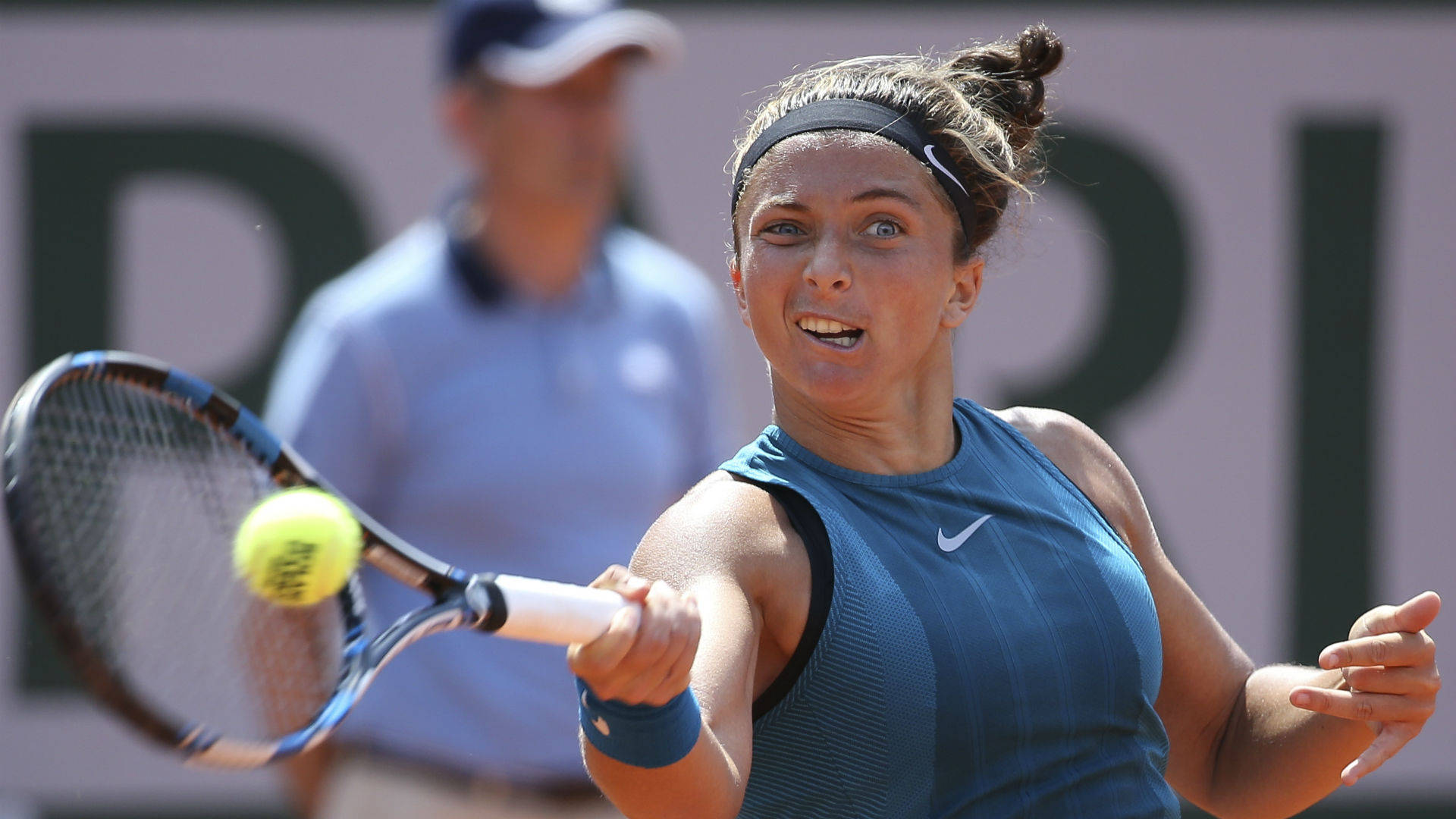 Sara Errani, blue tank top, yellow ball, Full HD Desktop Wallpaper