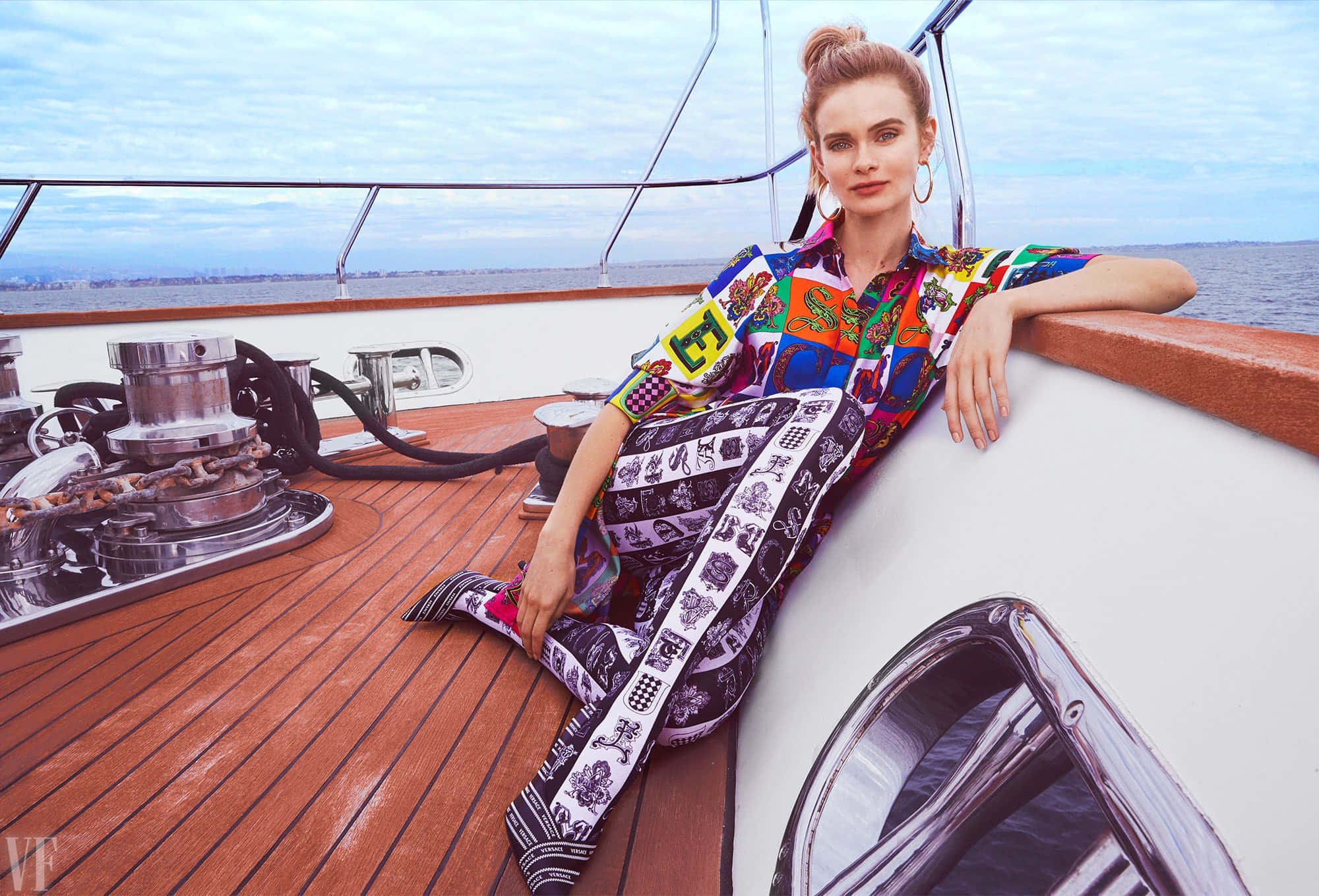 Sara Paxton, vibrant patterned dress, wooden yacht deck, Full HD Desktop Wallpaper
