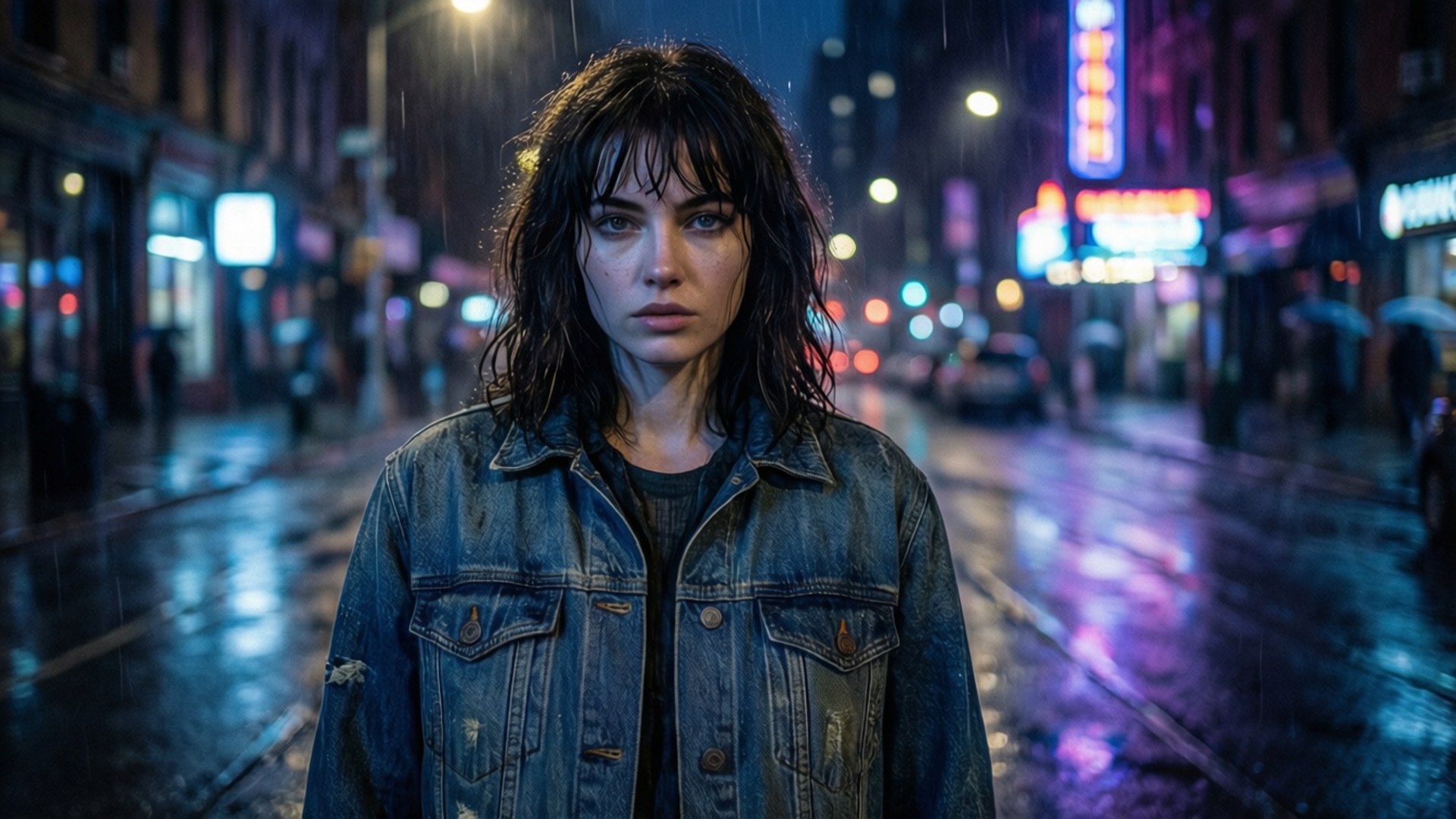 Sara Waisglass, neon rain night, rainy city night, Full HD Desktop Wallpaper