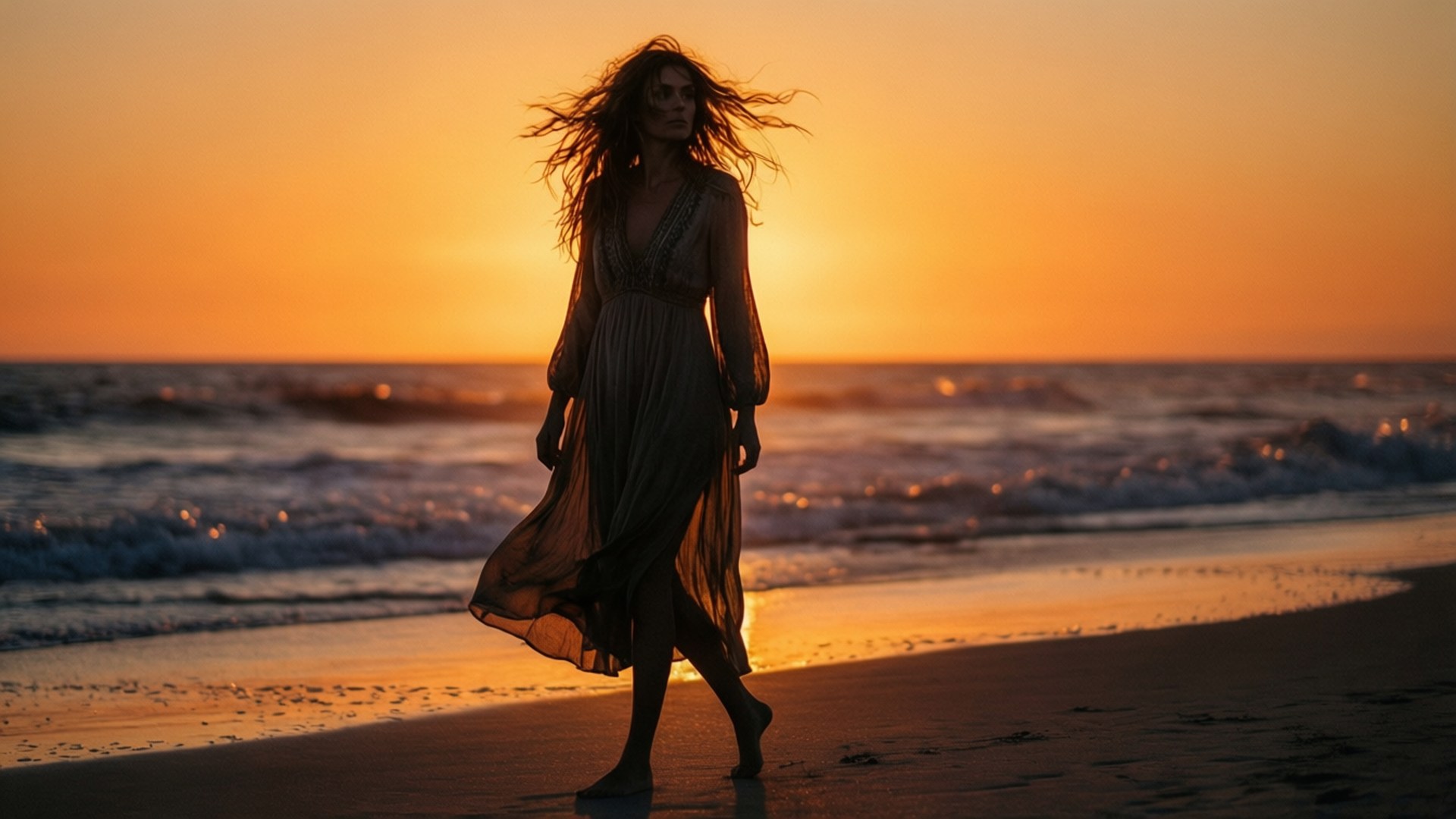 Sara Waisglass, silhouette, beach, Full HD Desktop Wallpaper