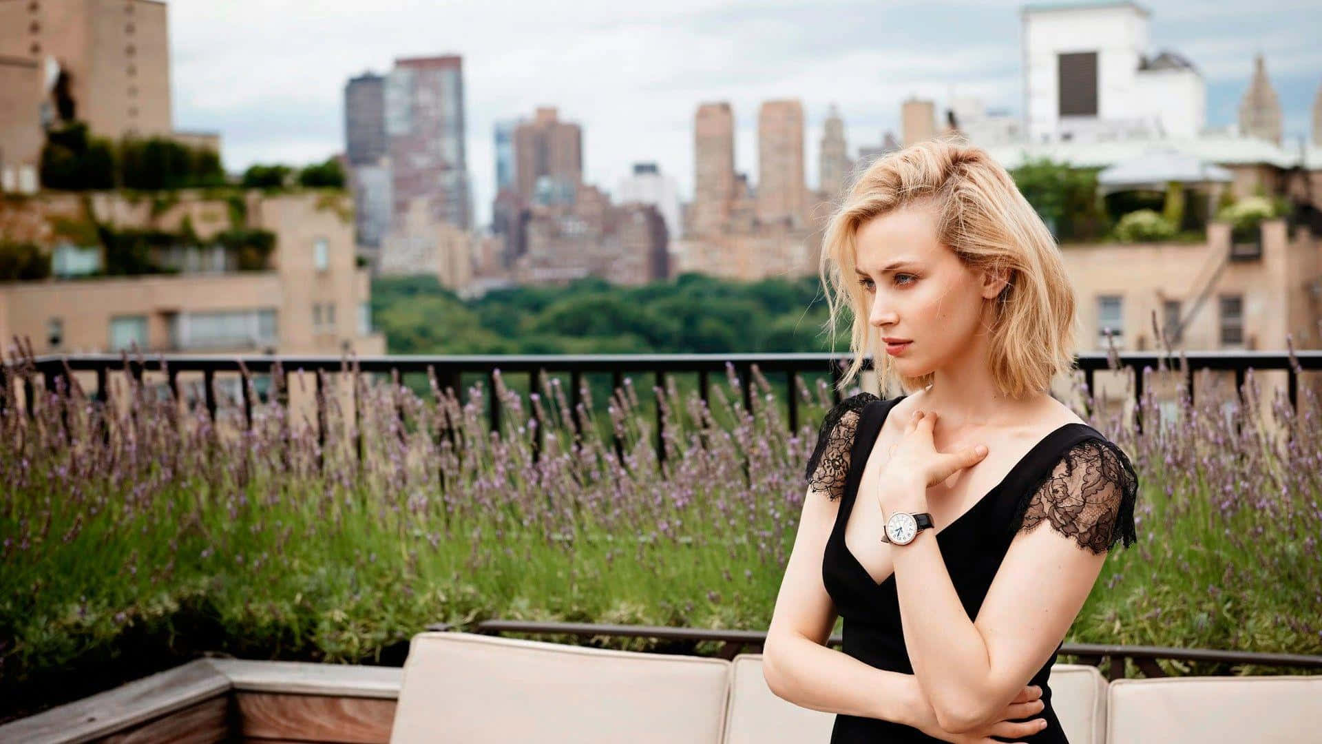 Sarah Gadon, black lace dress, rooftop garden, Full HD Desktop Wallpaper