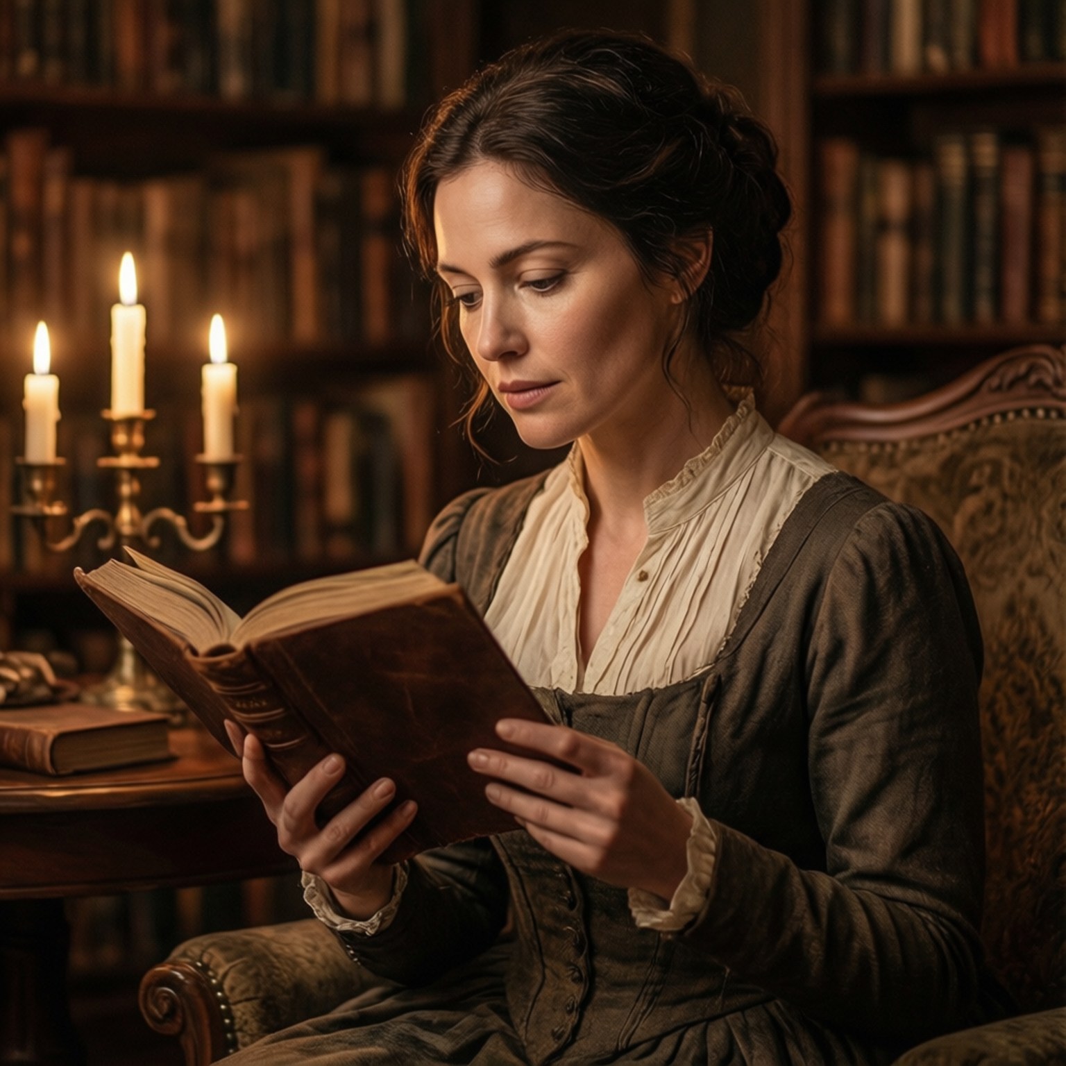 Sarah Gadon, vintage library, candlelight, HD Desktop Wallpaper