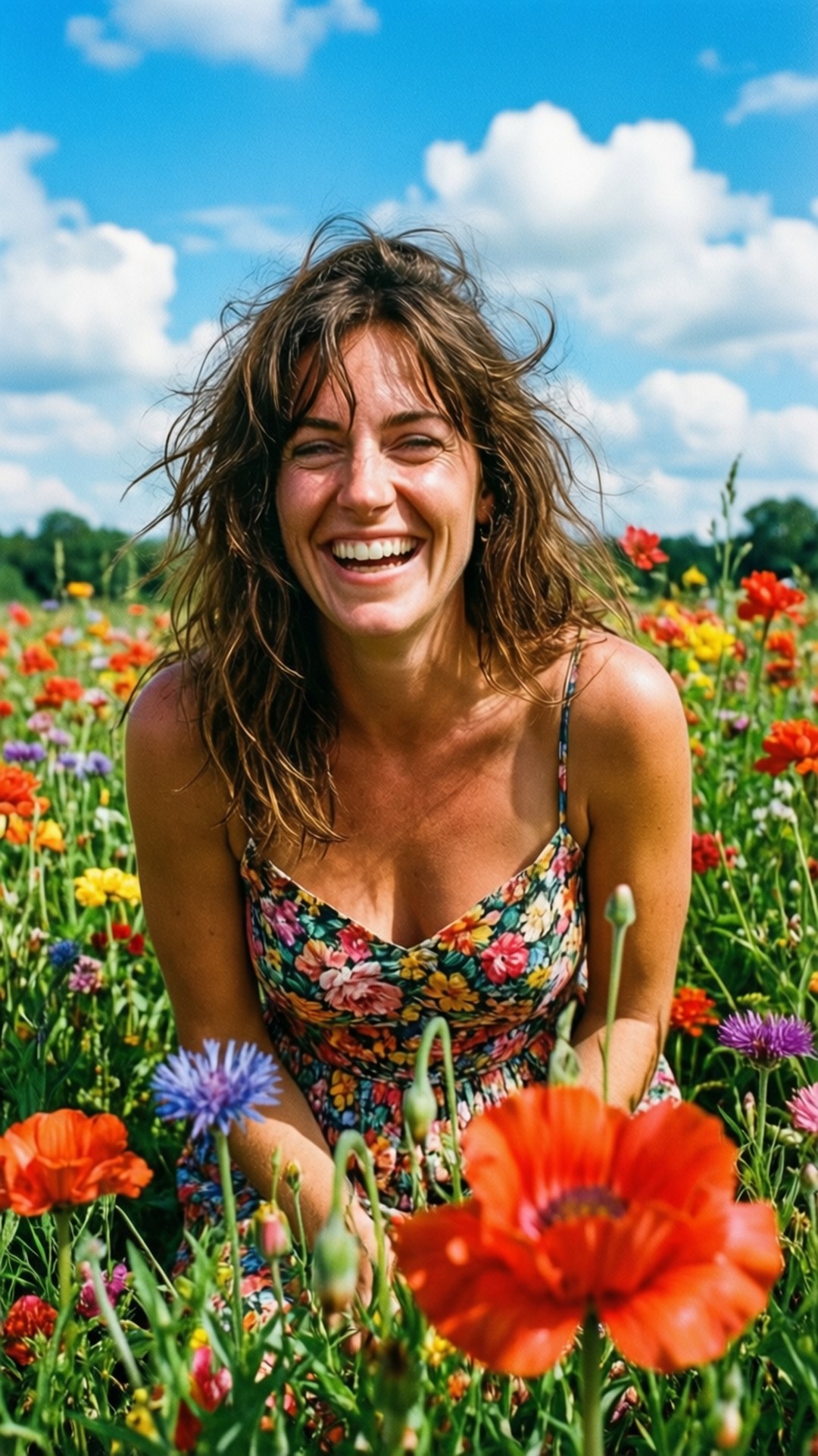 Sarah Jeanne Labrosse, flower field, sunny day, Full HD Phone Wallpaper