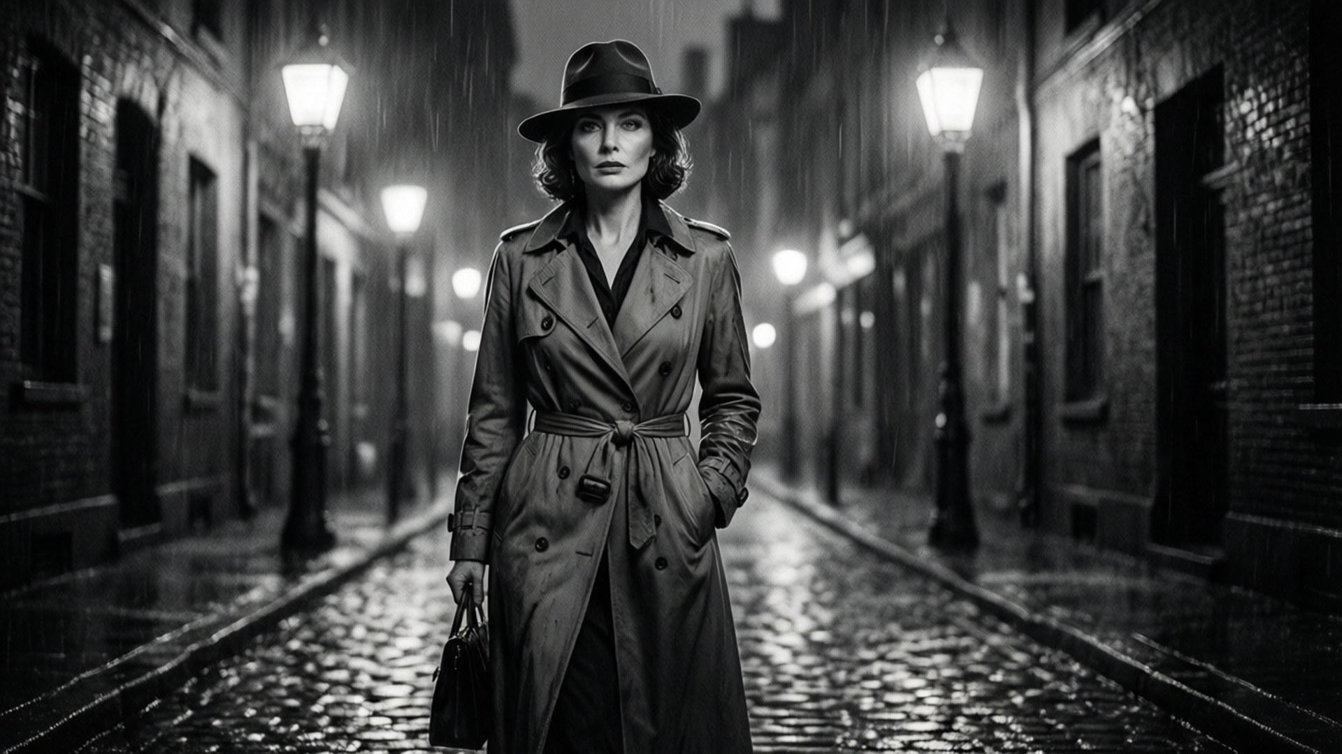 Sarah Jeanne Labrosse, black and white film noir style, rainy alley, Full HD Desktop Wallpaper