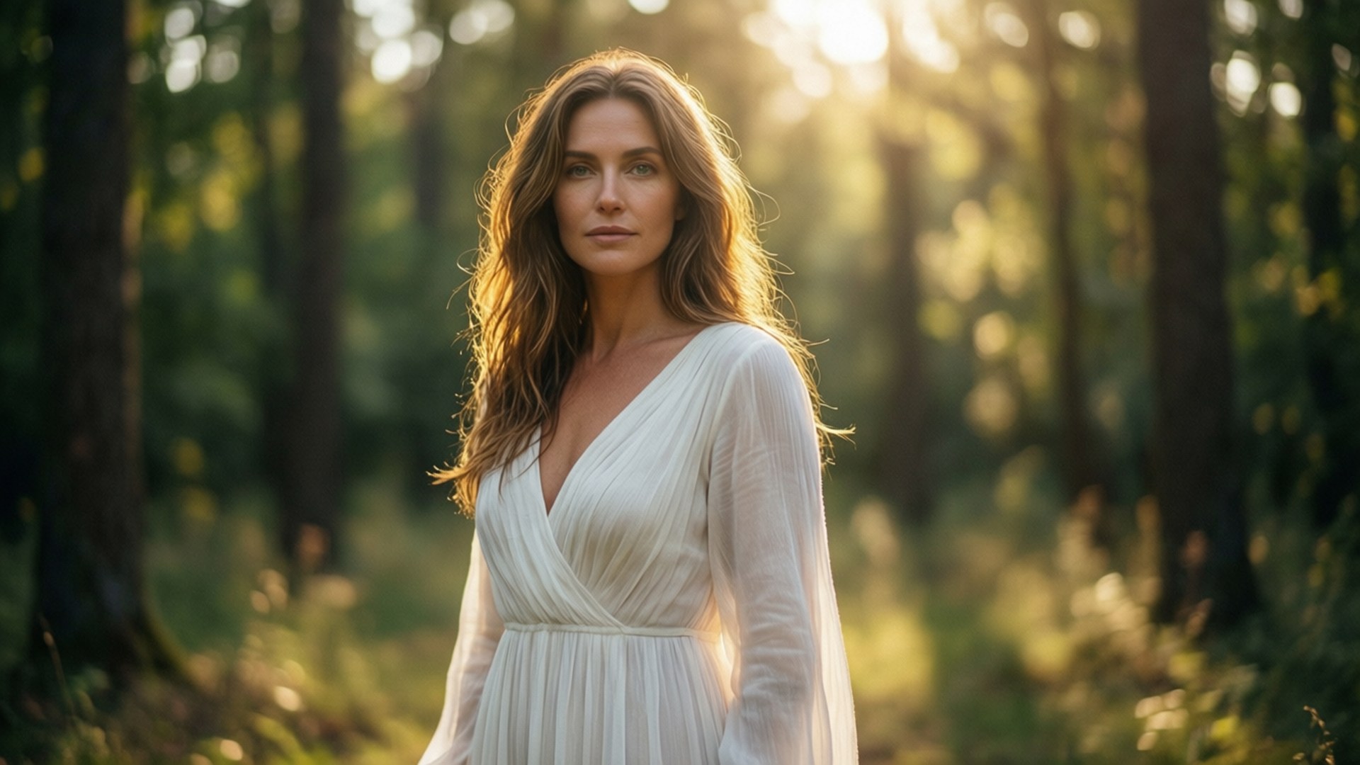Sarah Jeanne Labrosse, sunlit forest, golden hour glow, Full HD Desktop Wallpaper