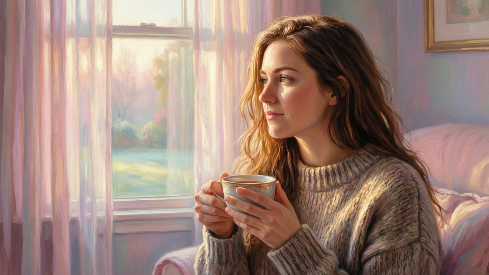 Sarah Jeffery, pastel room, morning light, Full HD Desktop Wallpaper
