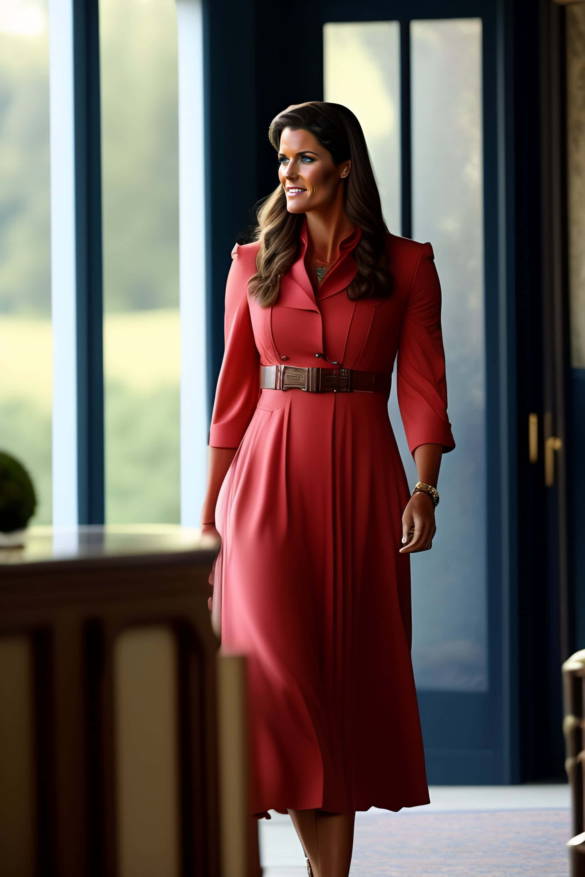 Sarah Lancaster, red dress, brown belt, 2K Phone Wallpaper