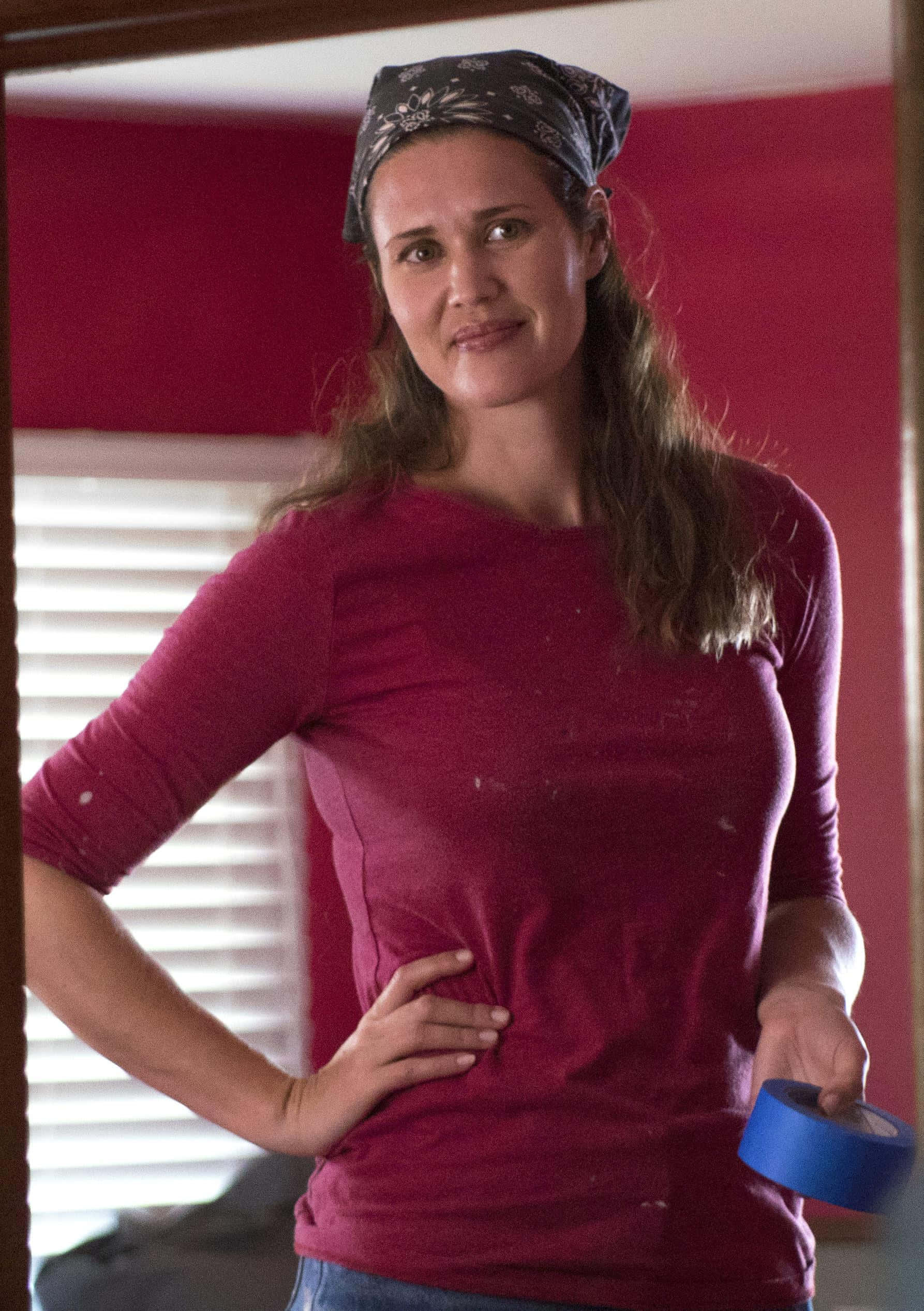 Sarah Lancaster, red shirt, bandana, Full HD Phone Wallpaper