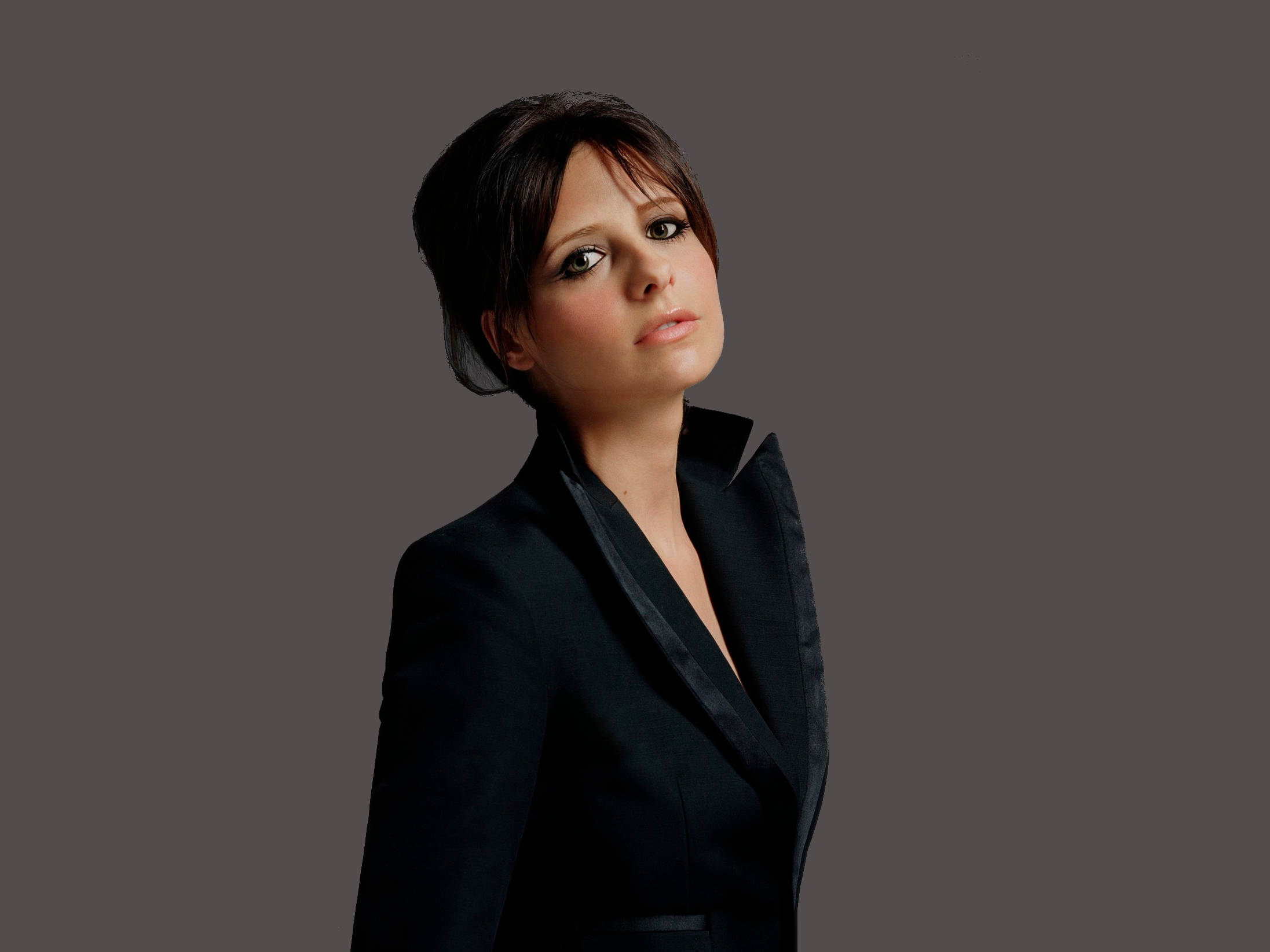 Sarah Michelle Gellar, black blazer, plain gray background, Full HD Desktop Wallpaper