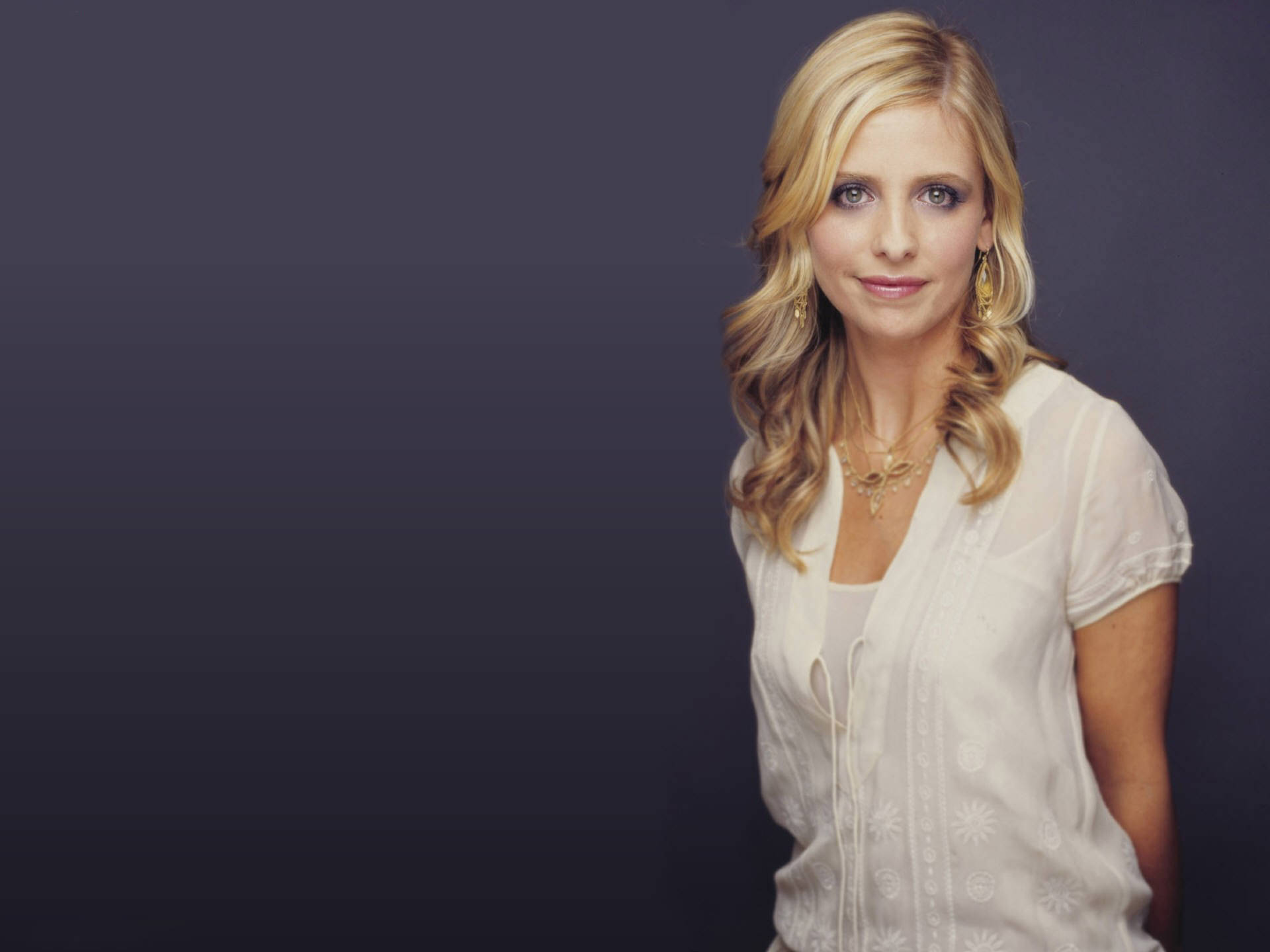 Sarah Michelle Gellar, blonde woman, wavy hair, Full HD Desktop Wallpaper