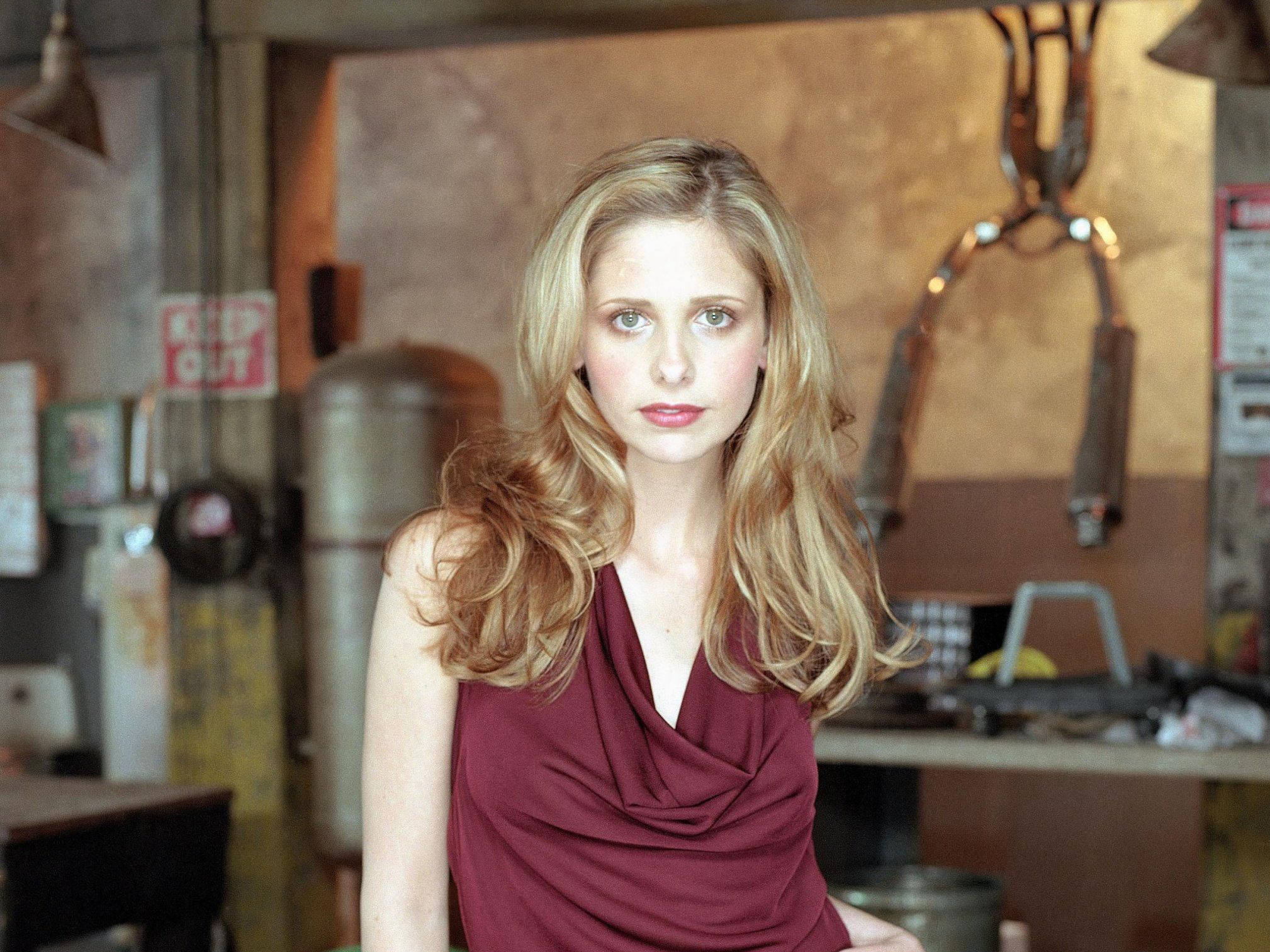 Sarah Michelle Gellar, maroon dress, cluttered workshop, Full HD Desktop Wallpaper