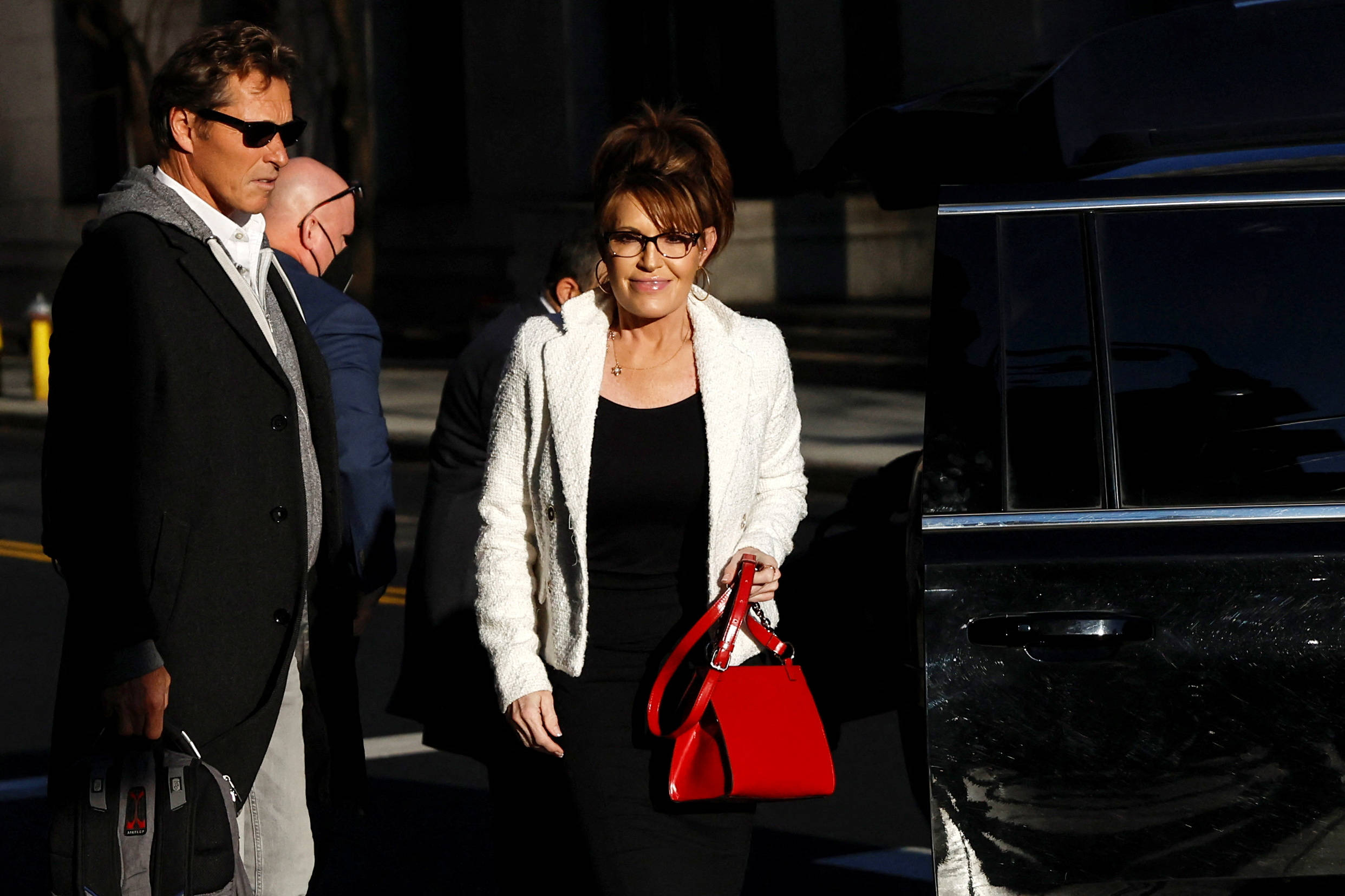 Sarah Palin, black car, white textured jacket, Full HD Desktop Wallpaper