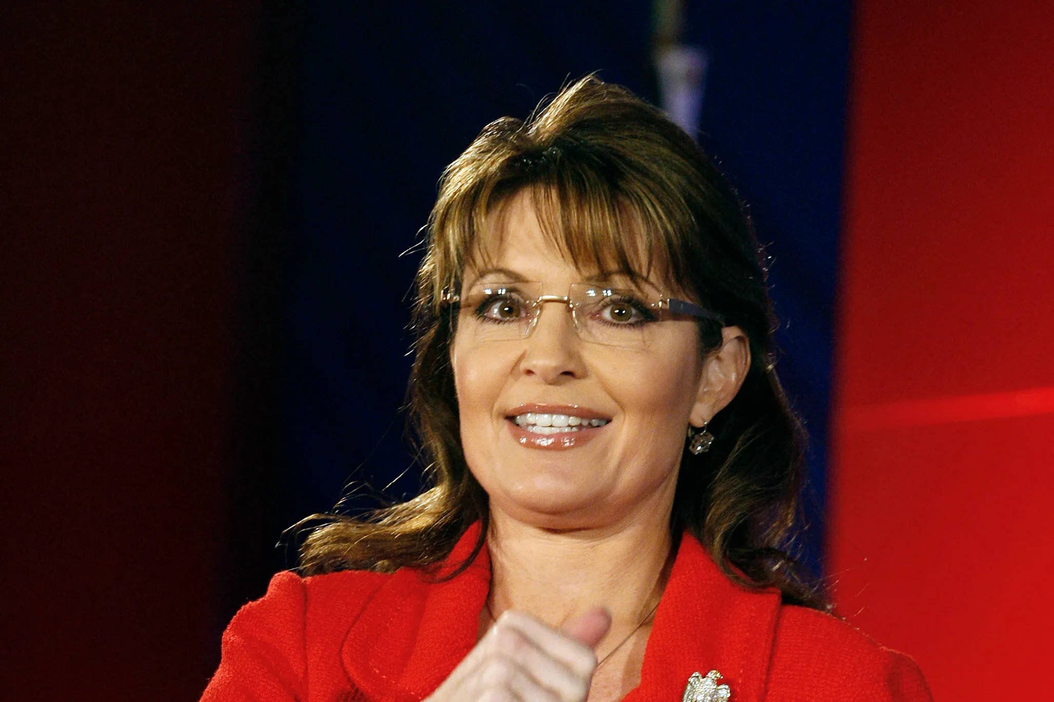 Sarah Palin, red coat, glasses, Full HD Desktop Wallpaper