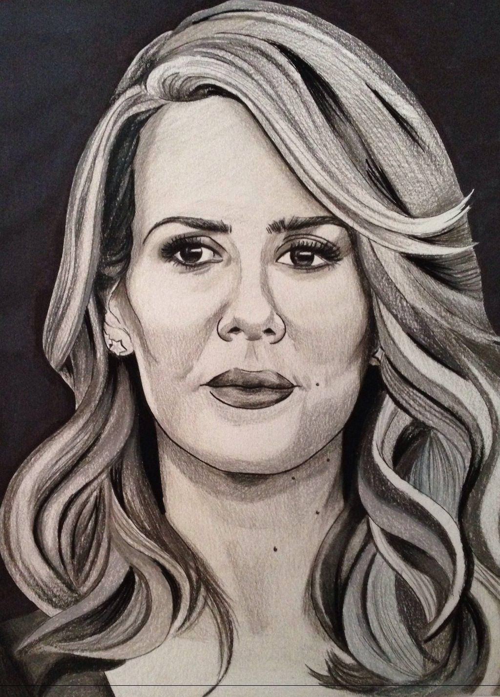 Sarah Paulson, pencil sketch, wavy hair, HD Phone Wallpaper