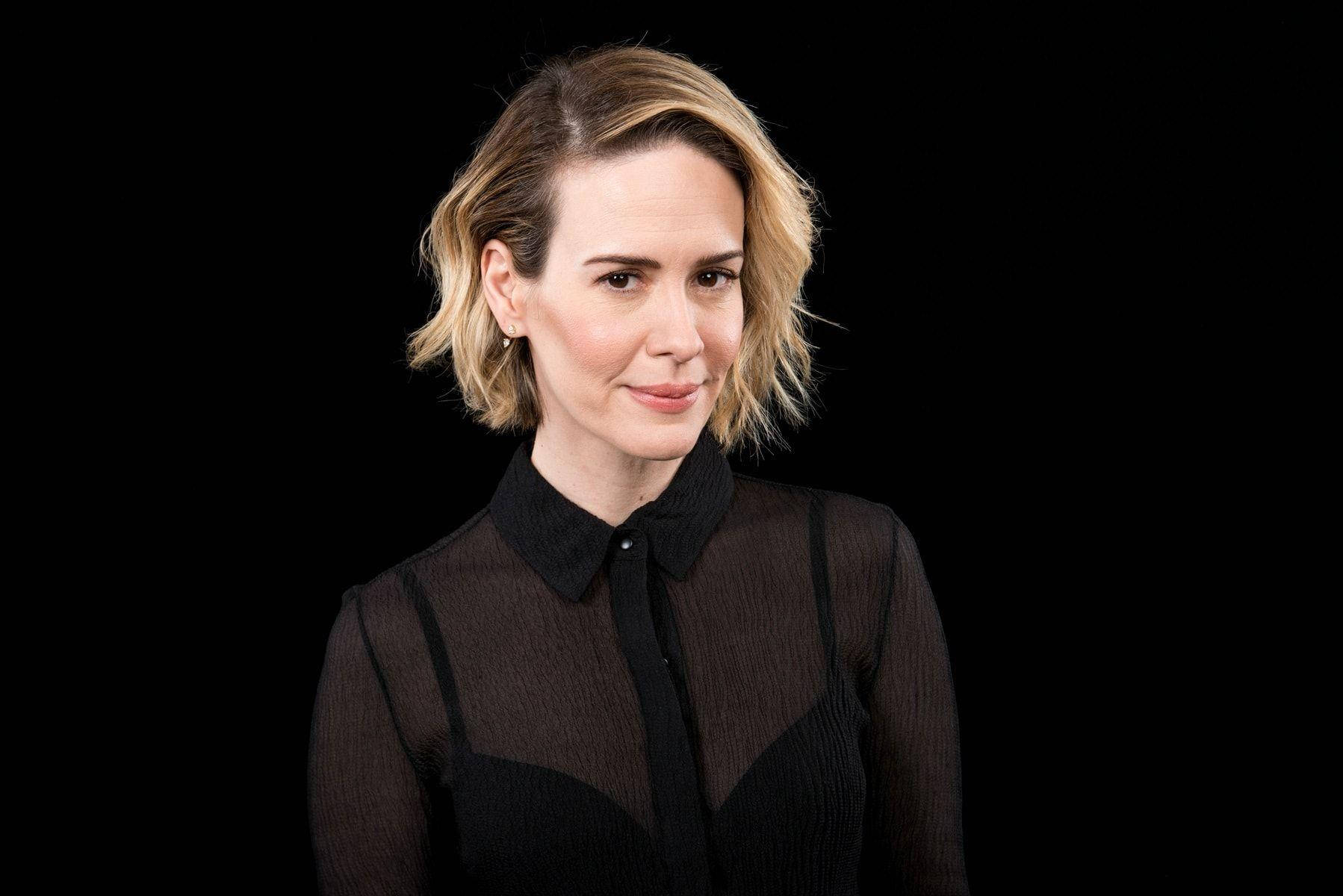 Sarah Paulson, short blonde hair, black sheer blouse, HD Desktop Wallpaper
