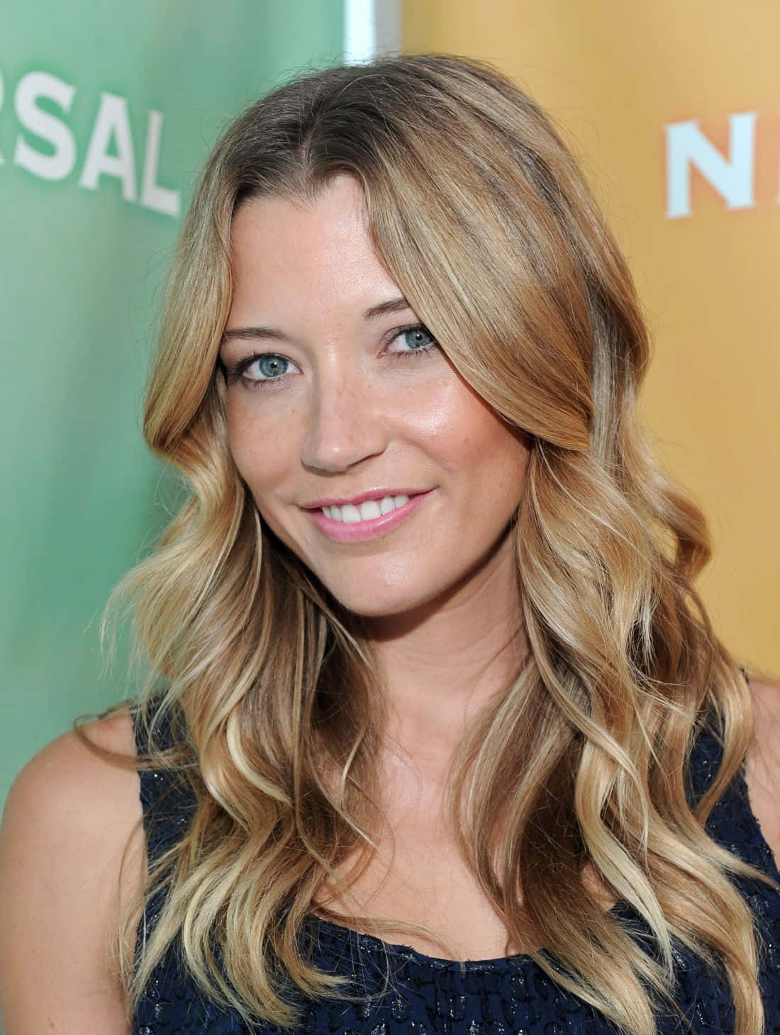 Sarah Roemer, dark blue dress, green and yellow branded backdrop, HD Phone Wallpaper