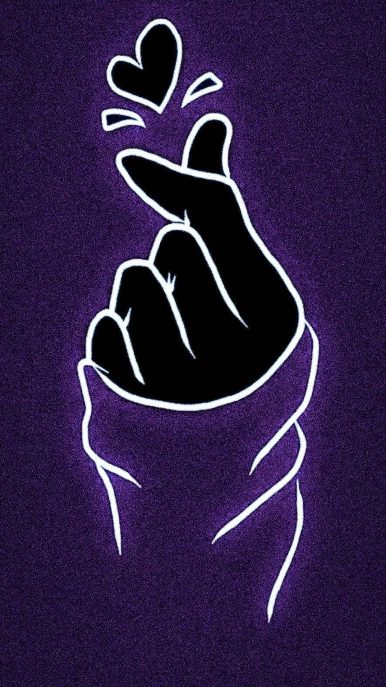 Saranghae finger heart, glowing white outline, deep purple textured background, Full HD Phone Wallpaper