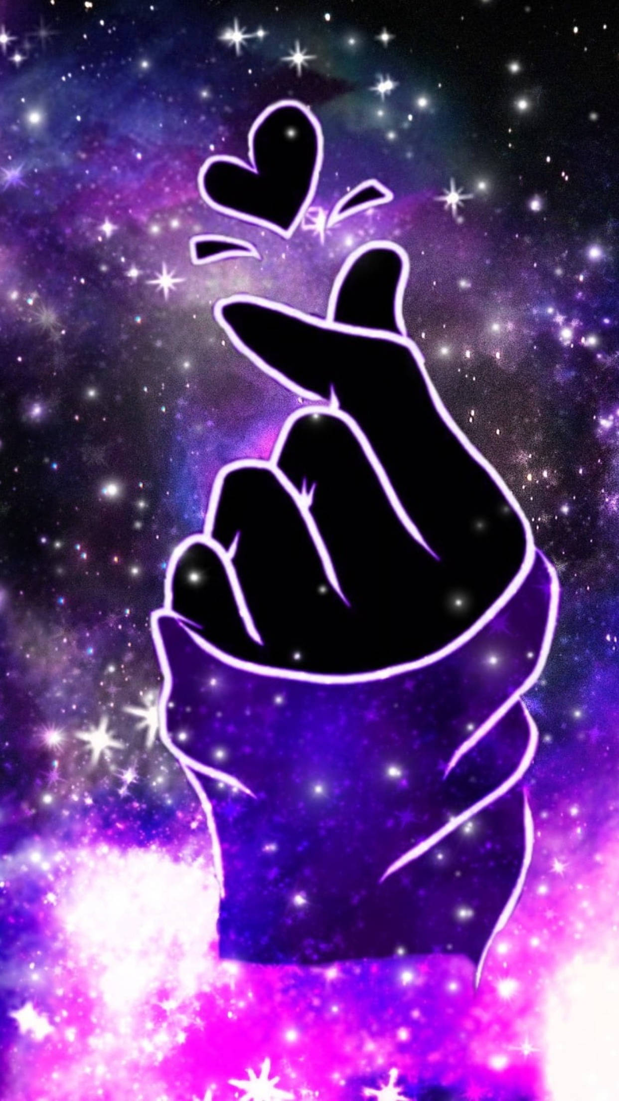 Dark Galaxy Saranghae, glowing purple outlined hand, heart gesture, Full HD Phone Wallpaper