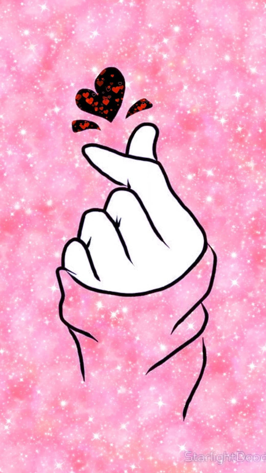 Pink Galaxy Saranghae, finger heart, sparkling pink background, HD Phone Wallpaper