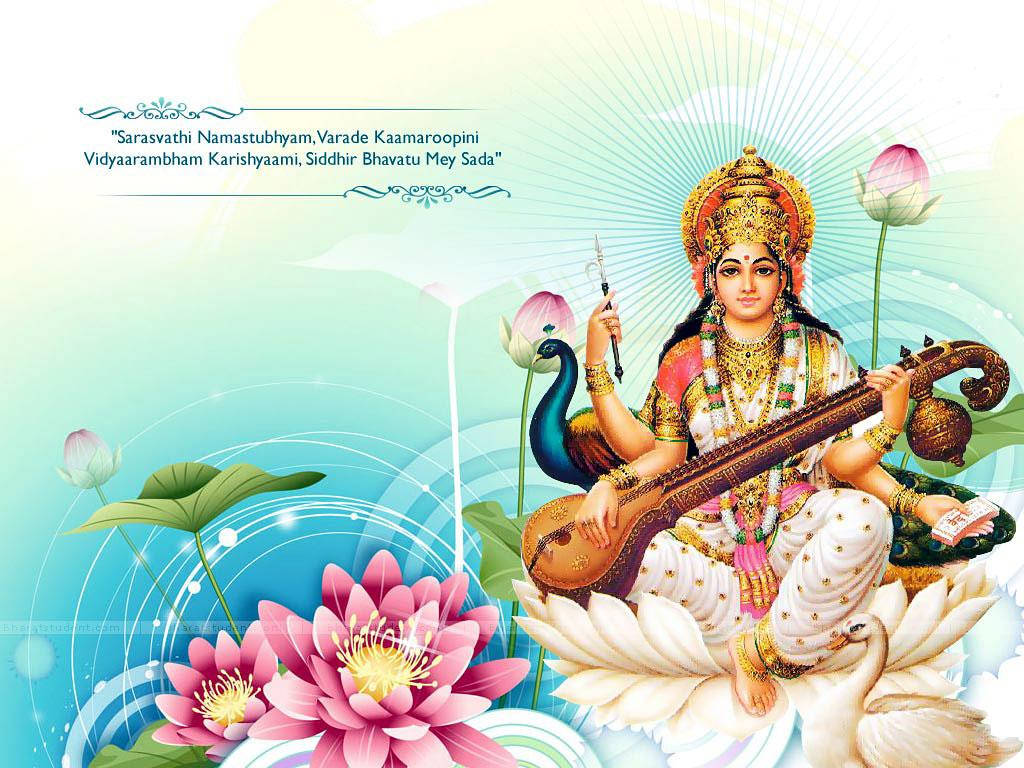 Saraswati Devi, white lotus, veena, SD Desktop Wallpaper