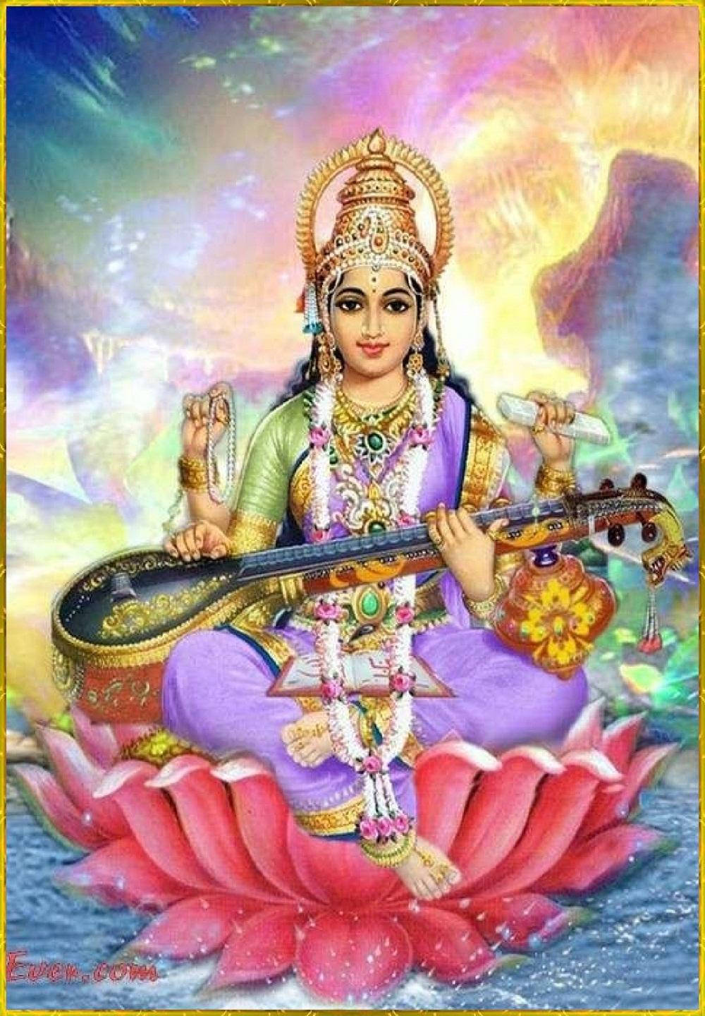 Saraswati Devi, golden crown, purple attire, HD Phone Wallpaper