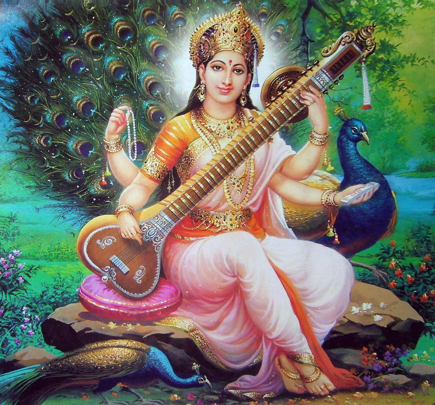 Saraswati Devi, peacock, gold, HD Desktop Wallpaper